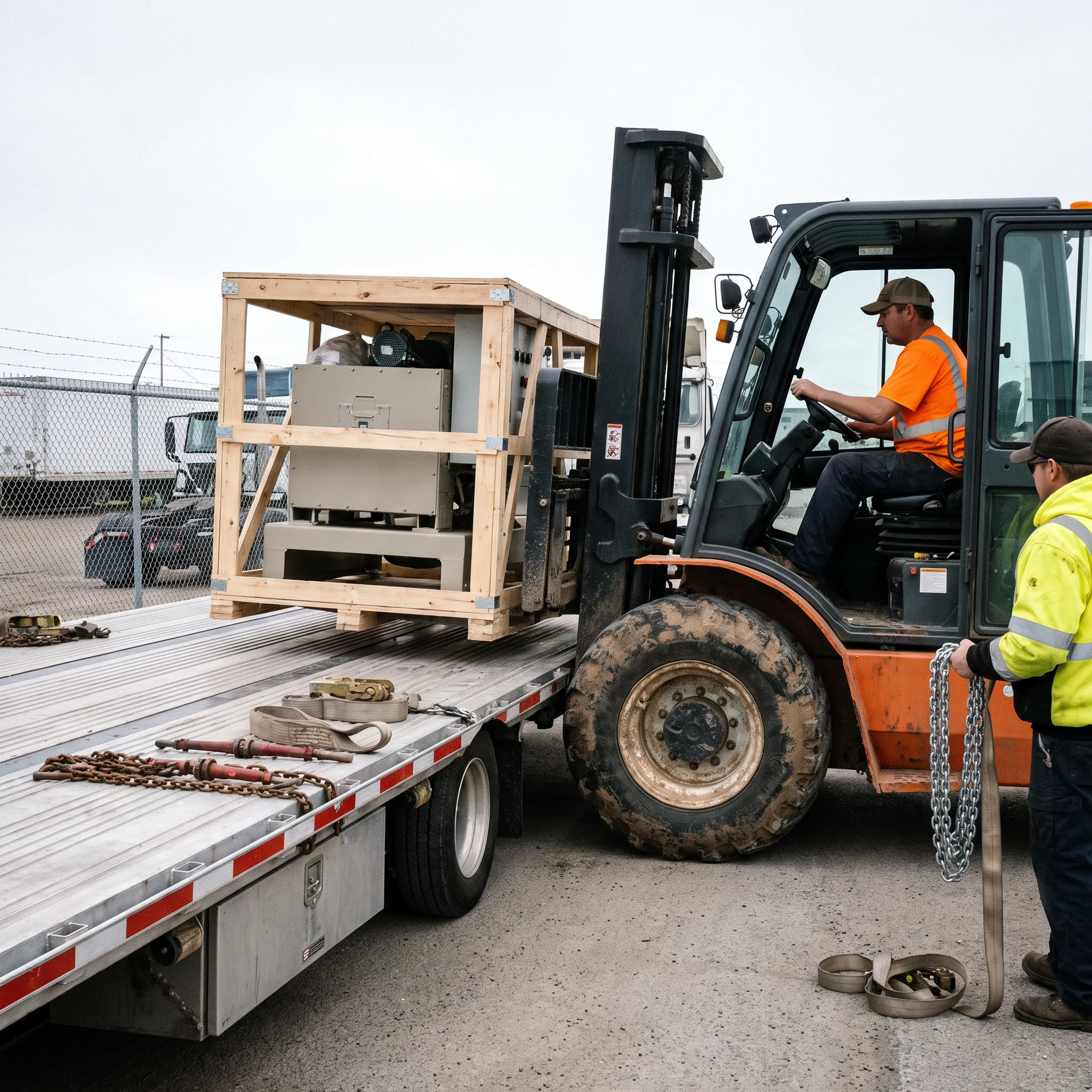 Step deck trailer being loaded with heavy equipment