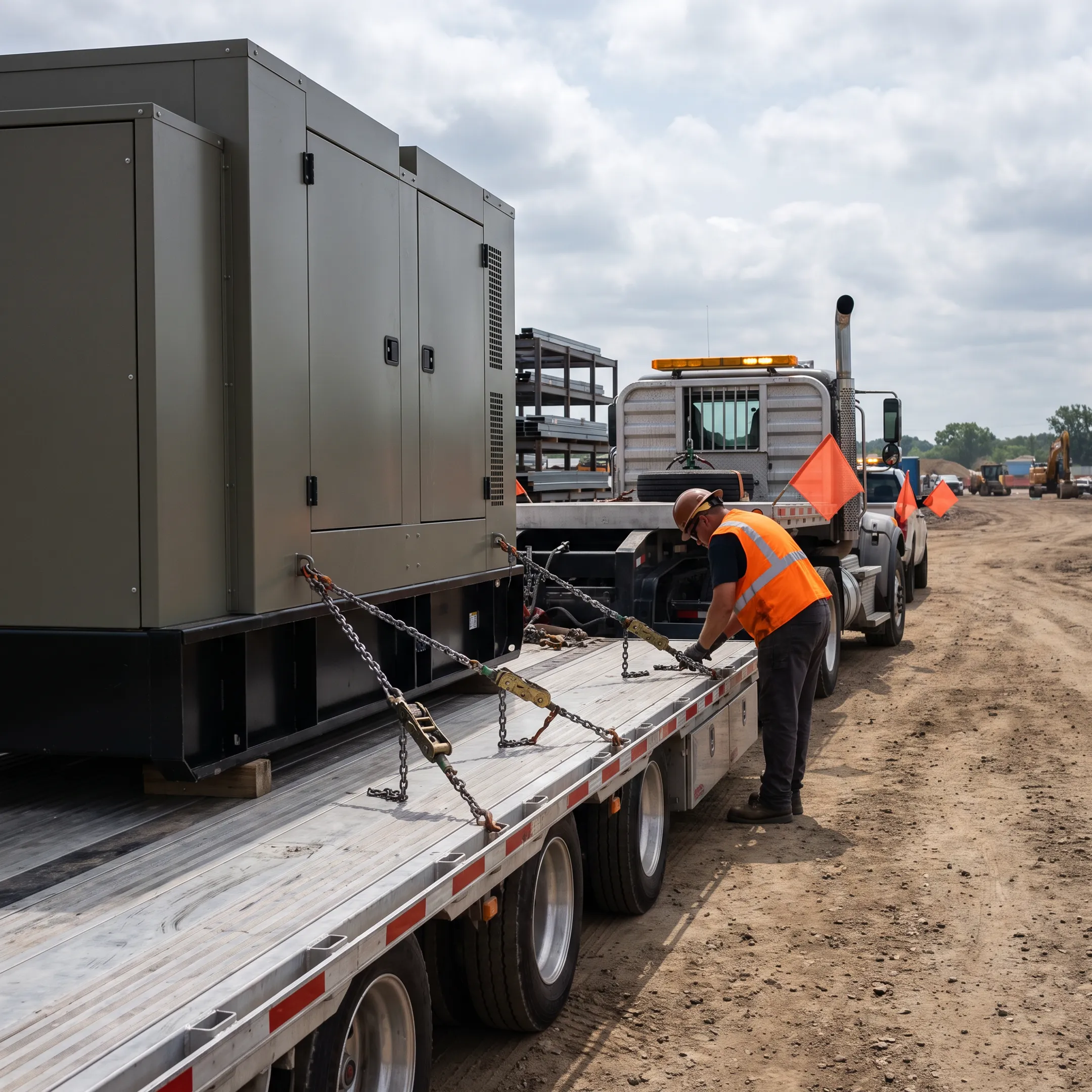 Heavy haul truck transporting an industrial generator