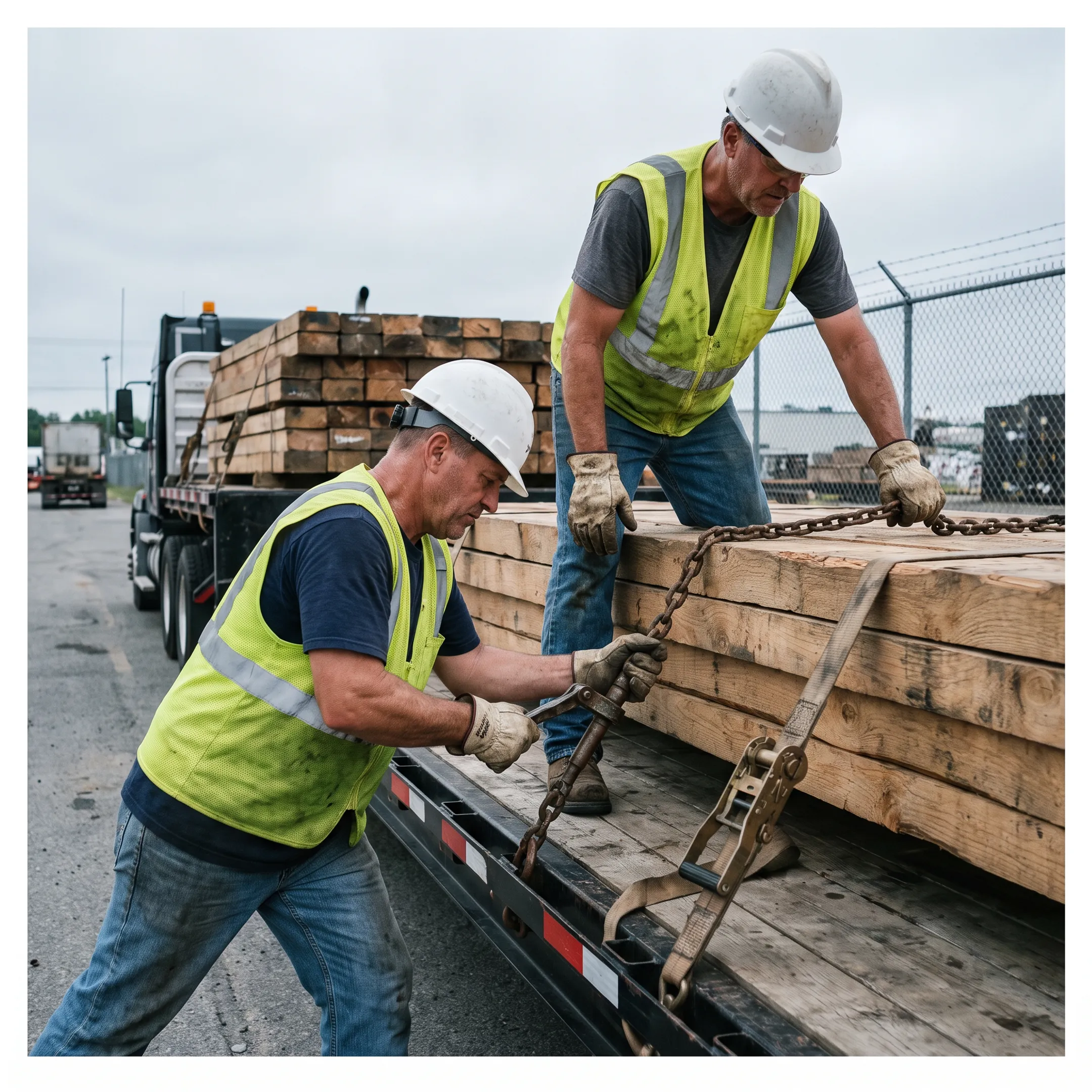 Crane mats being loaded on flatbed trailer