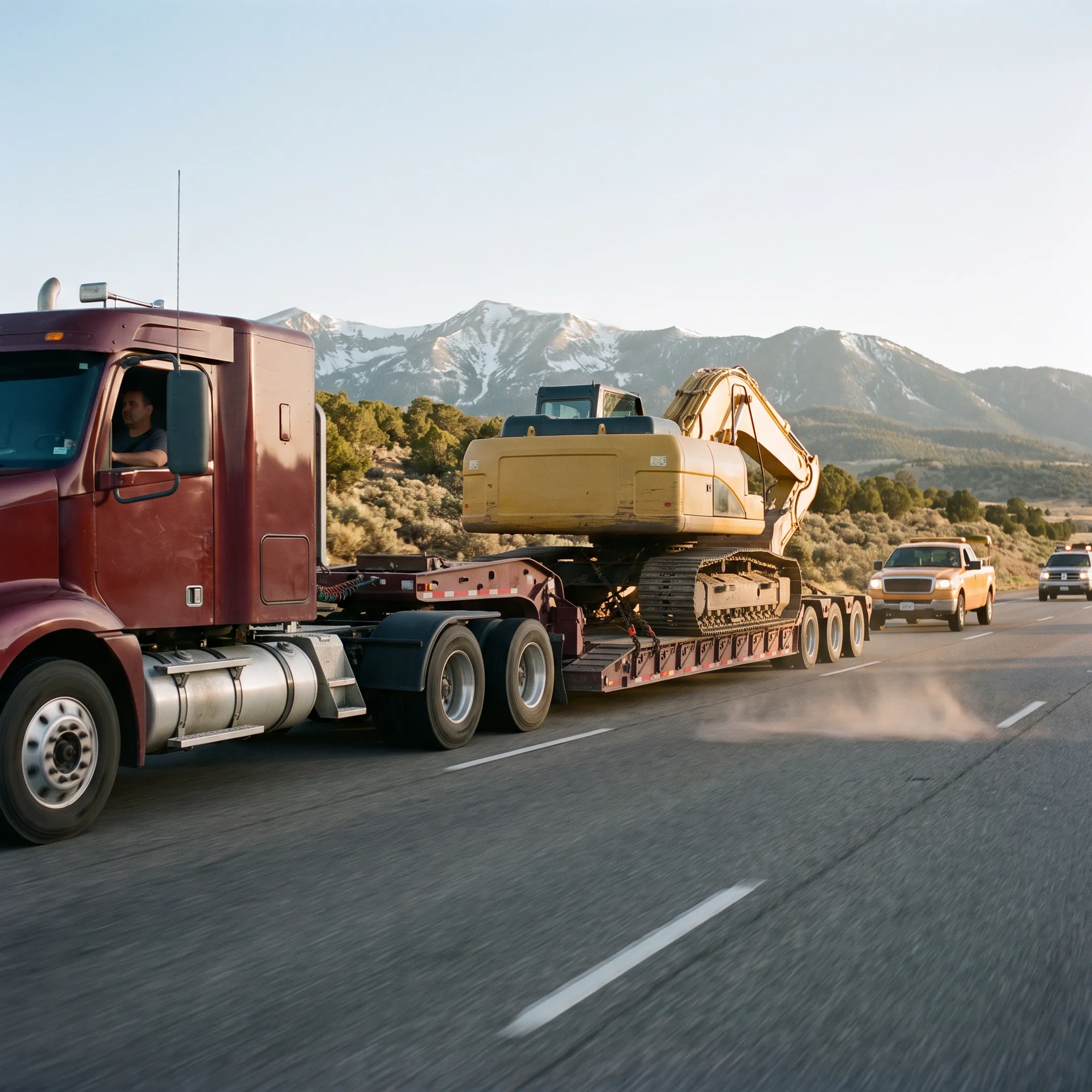 Heavy haul truck transporting construction equipment