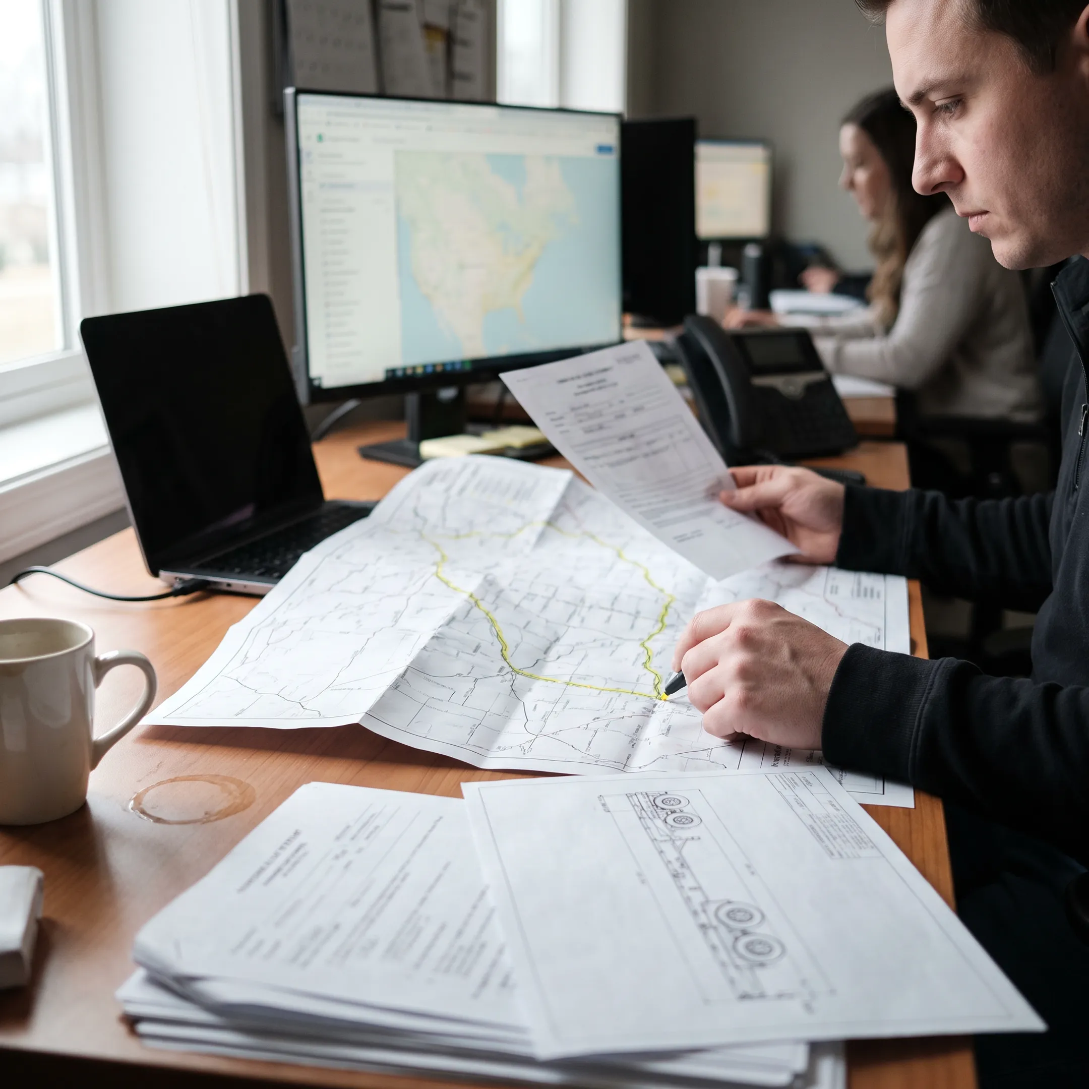Logistics coordinator planning an oversize load route