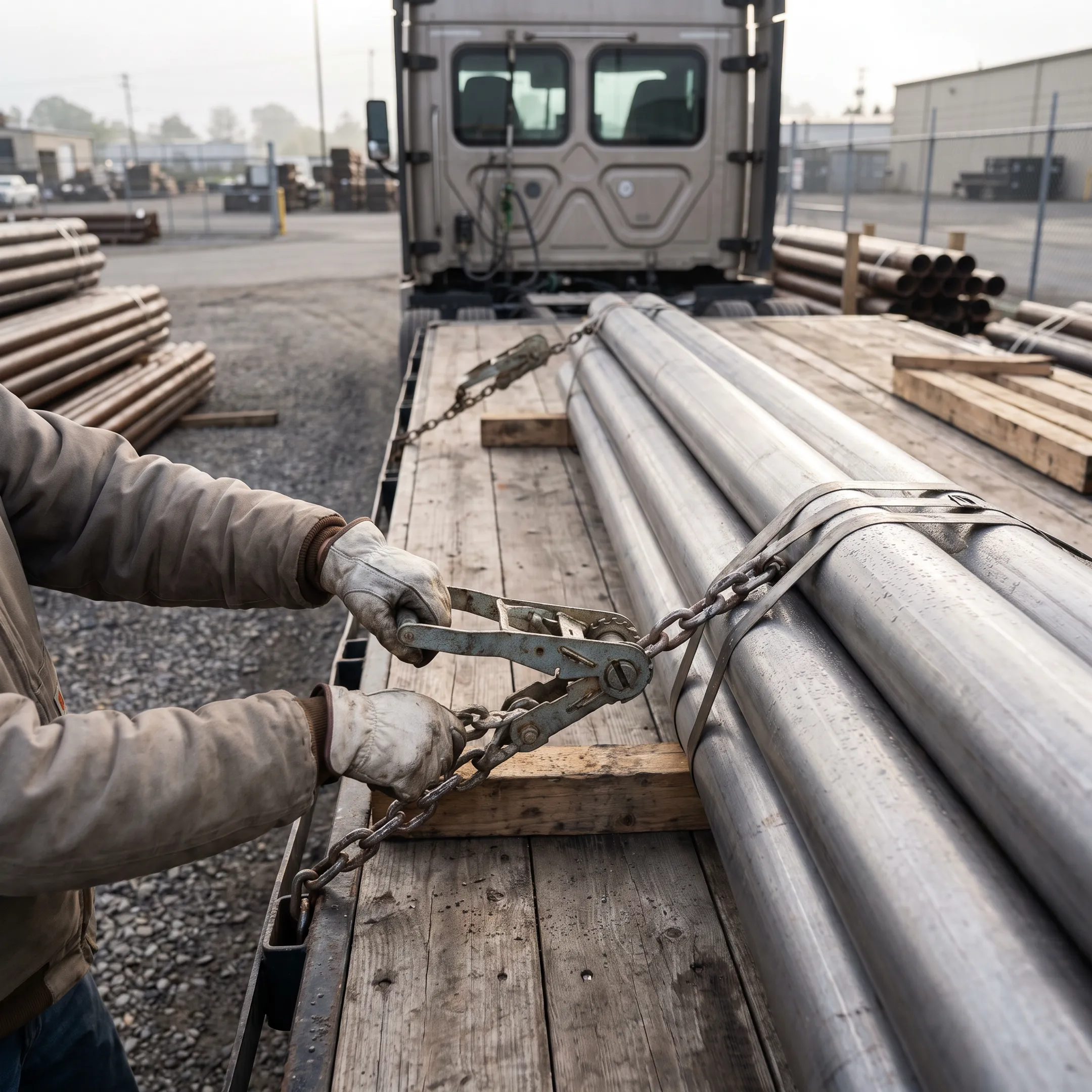Pipe bundles secured on flatbed trailer
