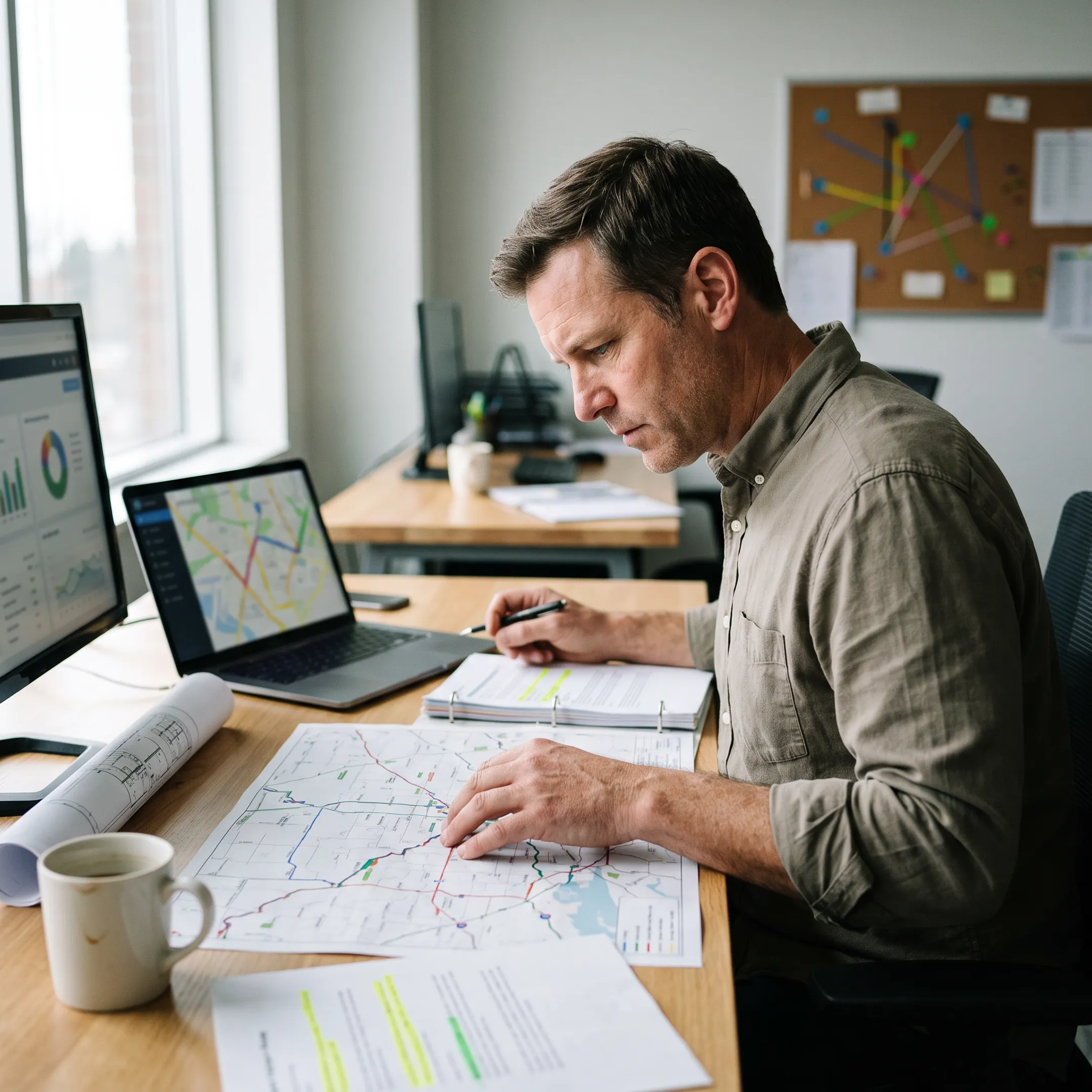 Logistics coordinator planning wind turbine transport