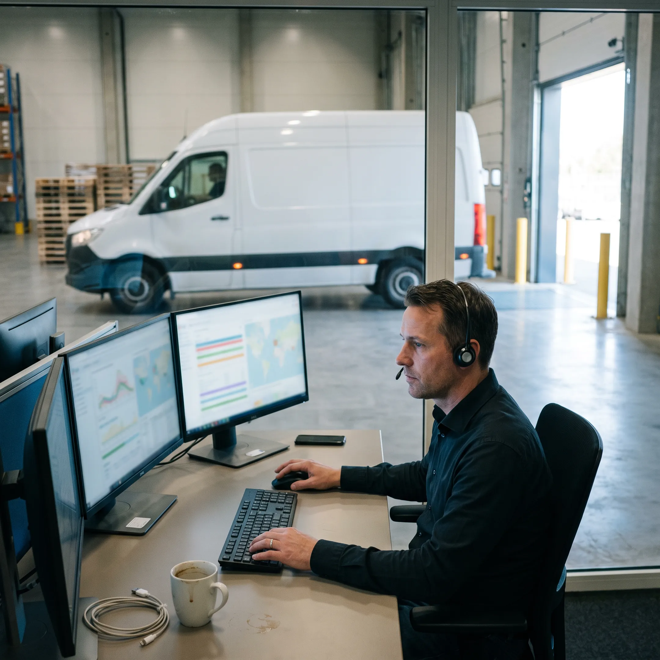 Logistics coordinator tracking an urgent van delivery