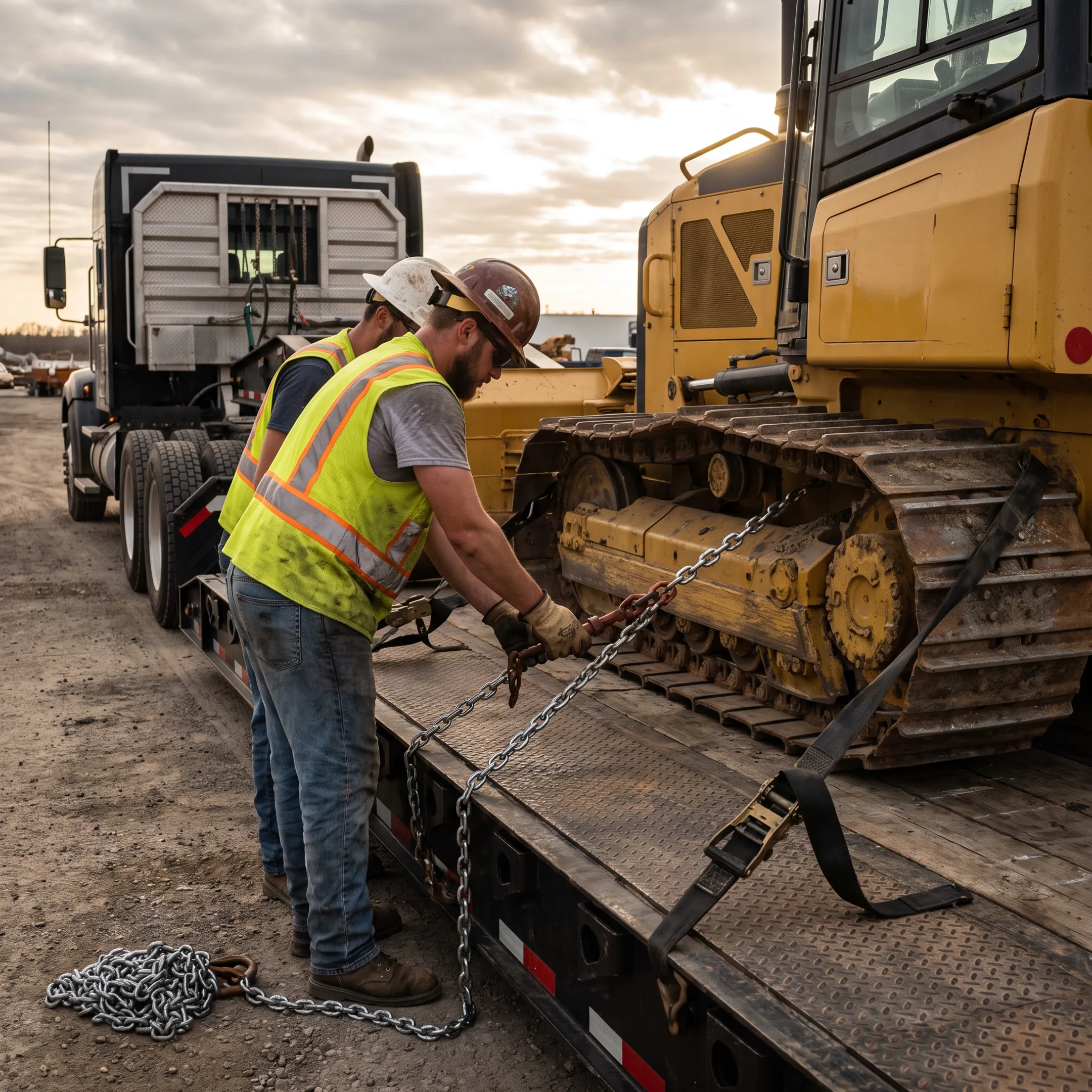 Heavy equipment loaded onto specialized trailer