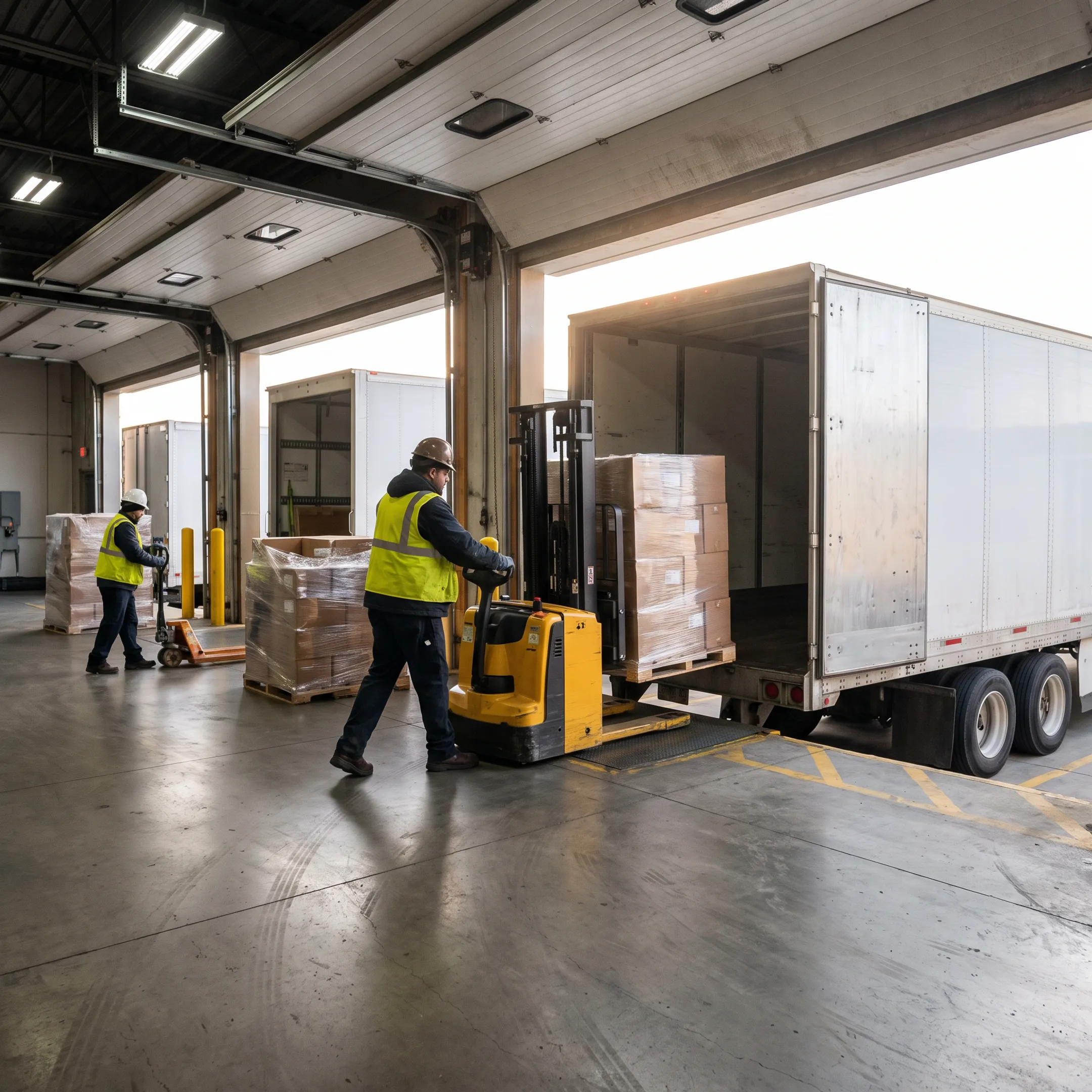 Freight trucks loading pallets at logistics terminal