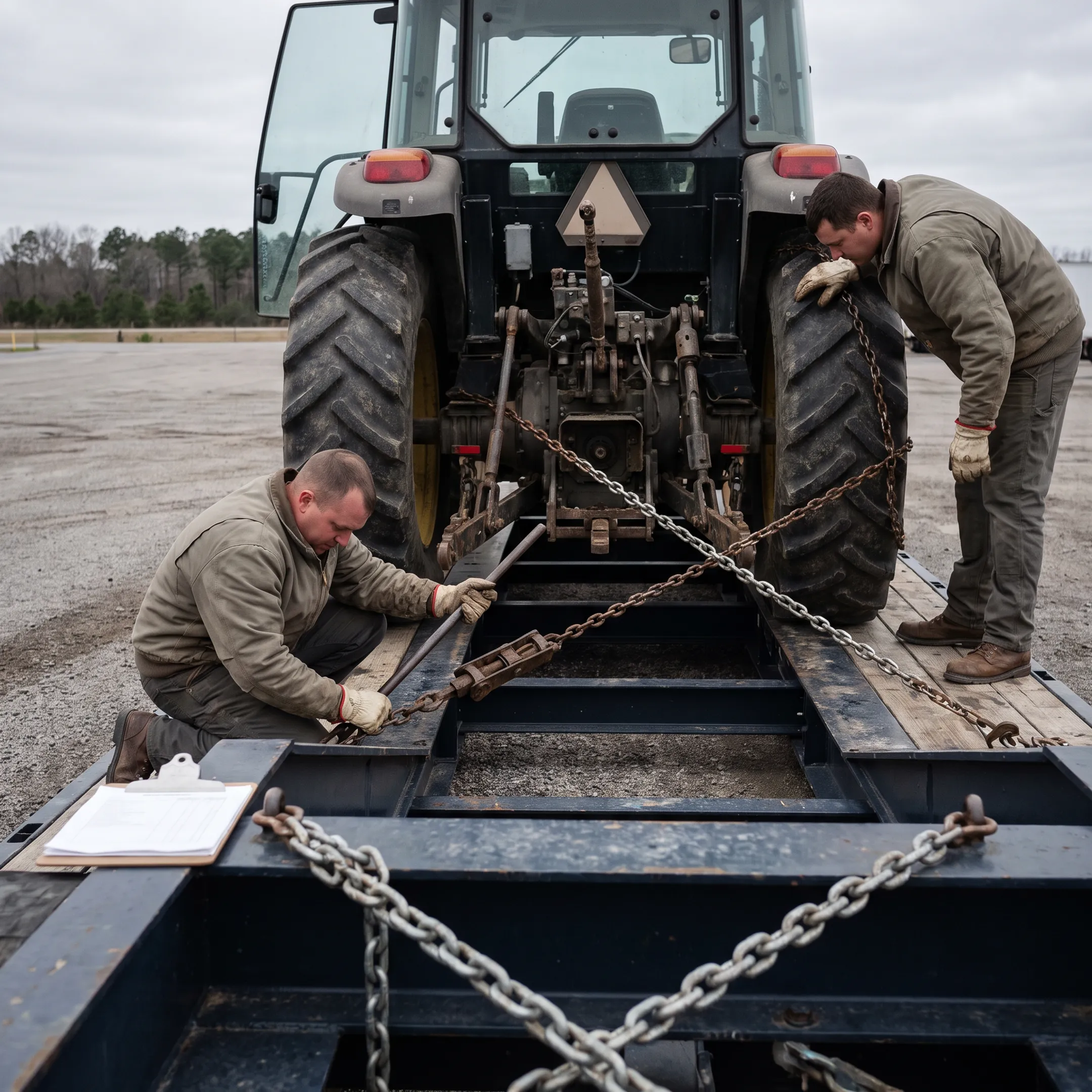 Heavy haul team securing farm equipment for transport