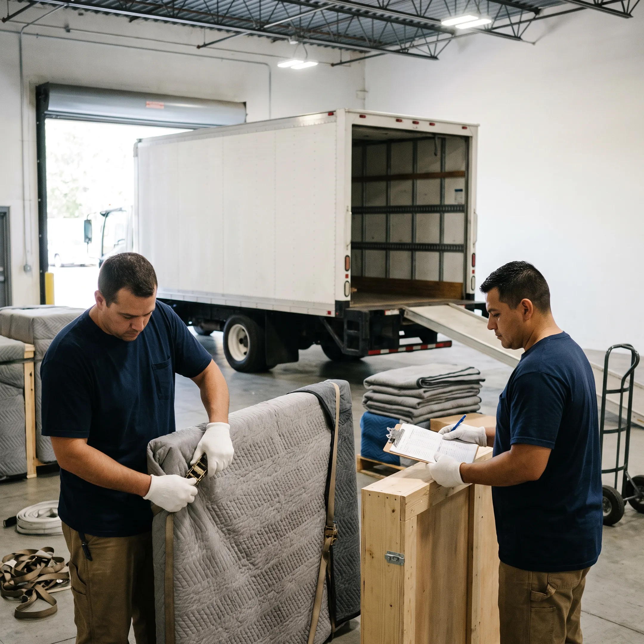White glove delivery team preparing protected fine art for final-mile delivery
