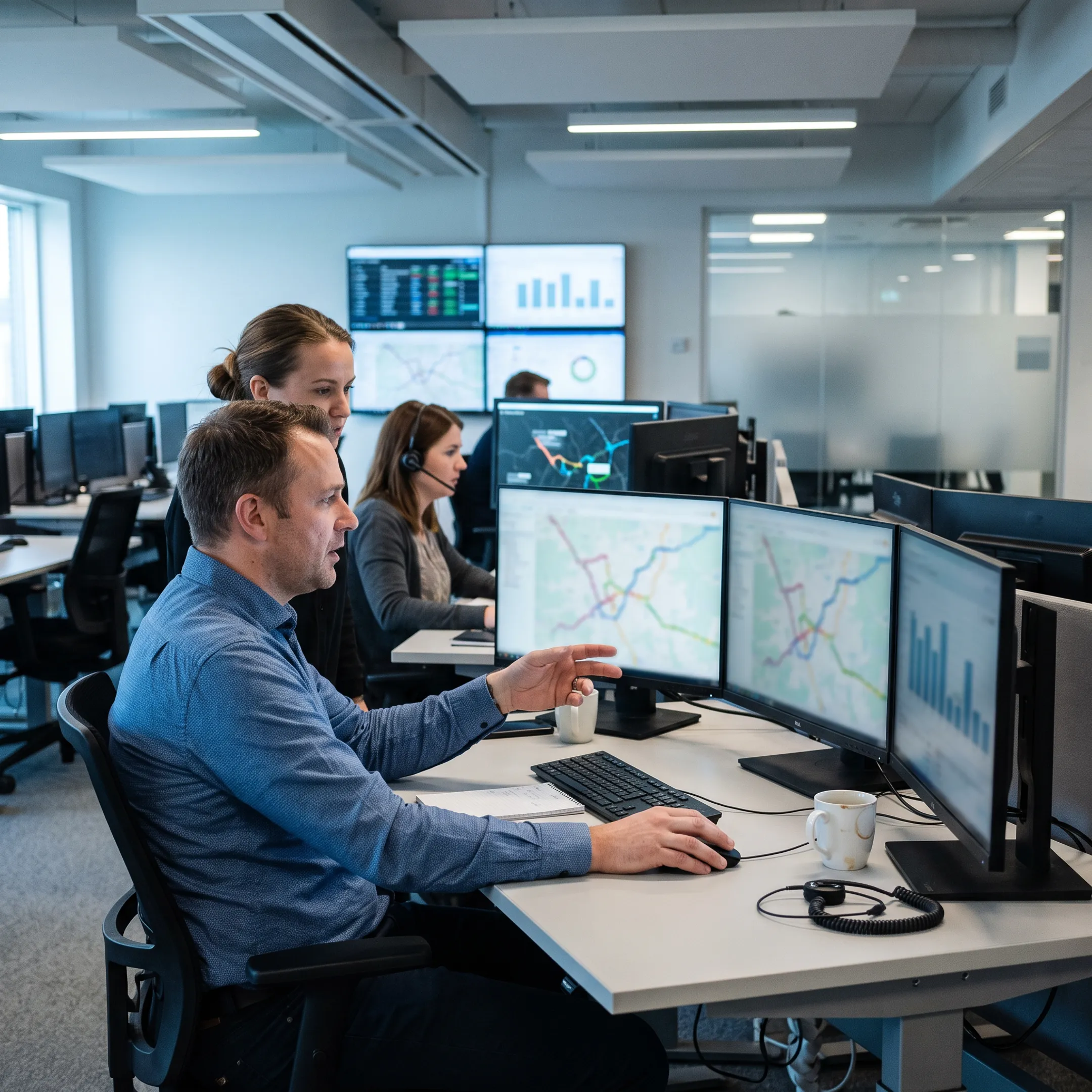 Logistics team reviewing dedicated carrier routes