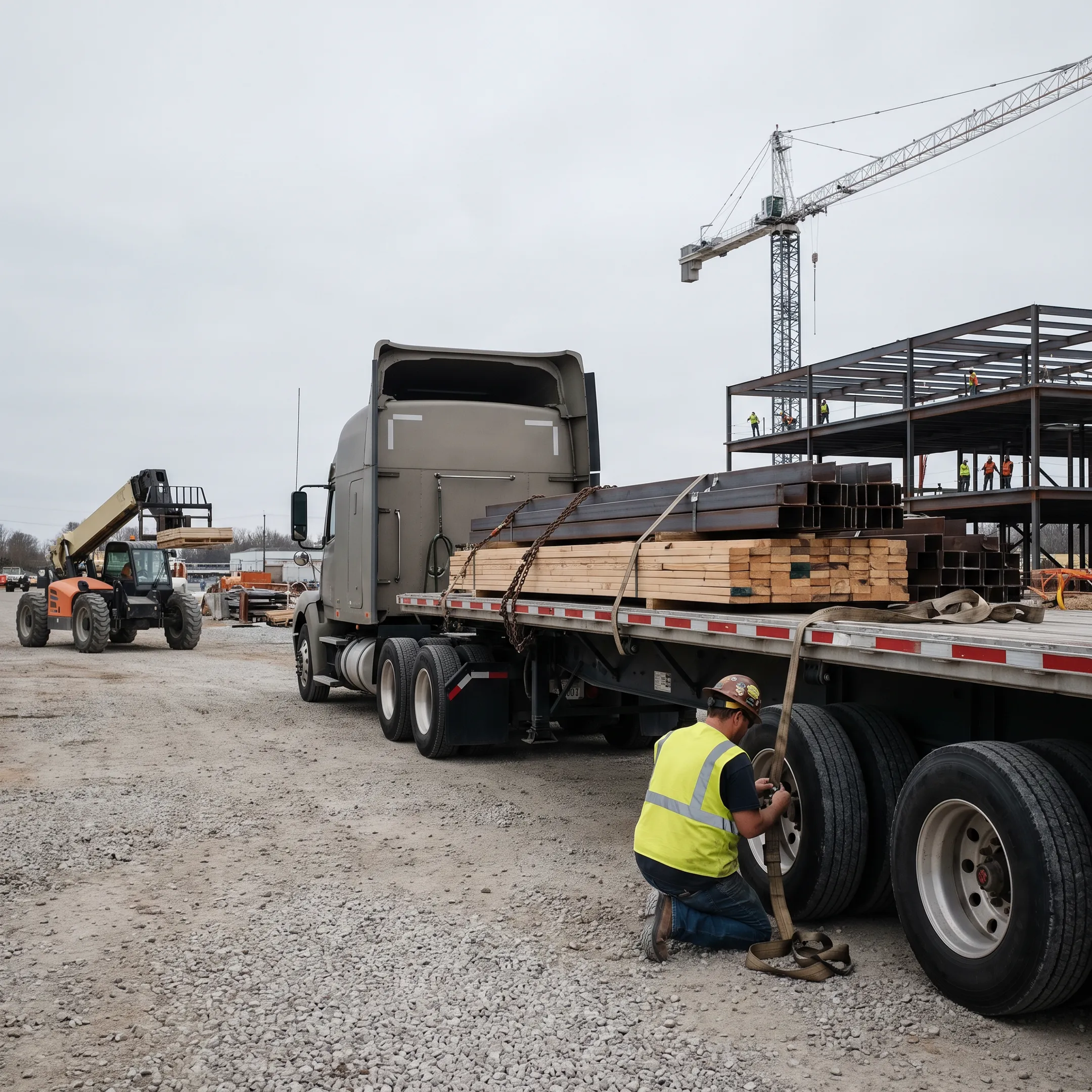 Flatbed trailer delivering construction materials to a job site