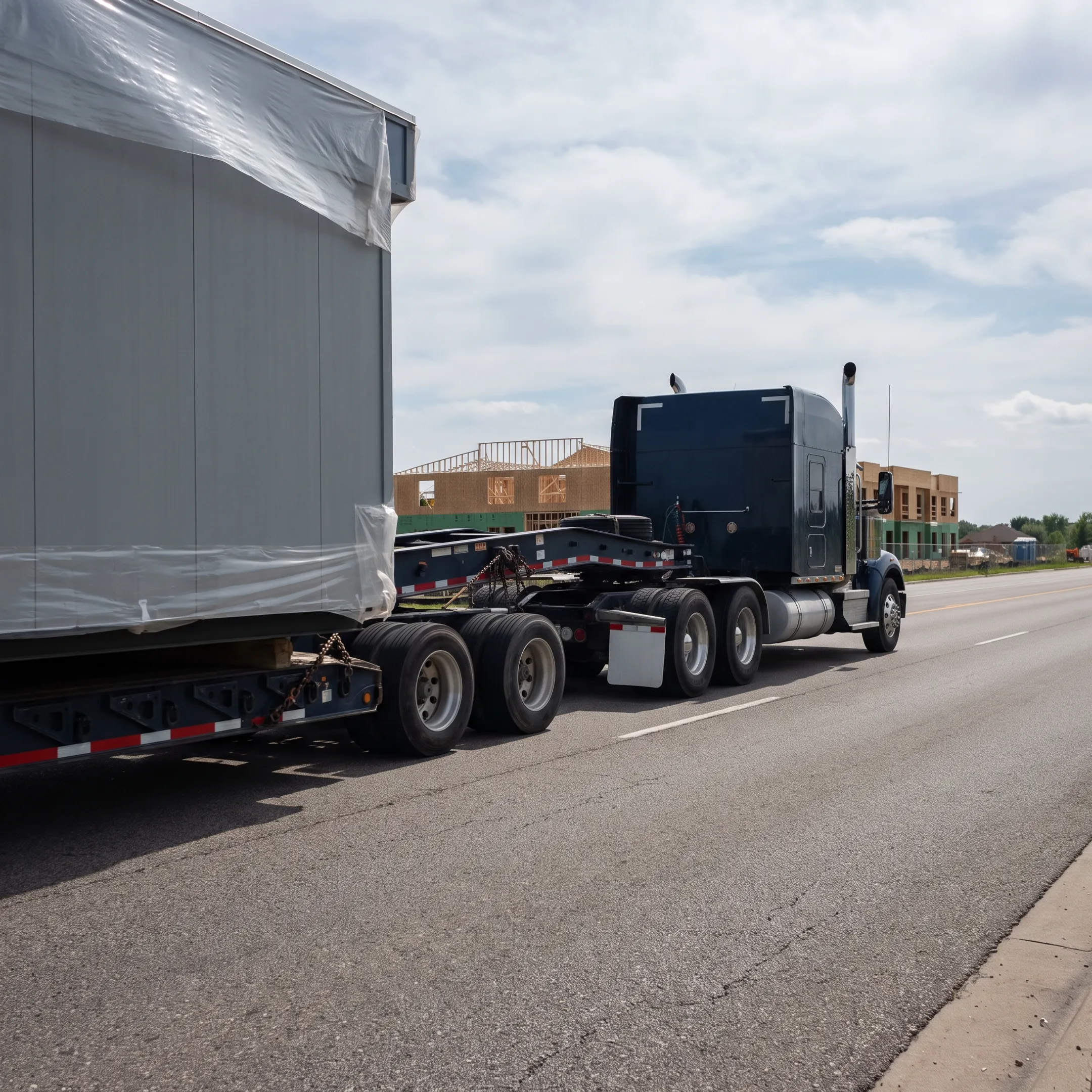 Specialized trailer transporting a modular building section