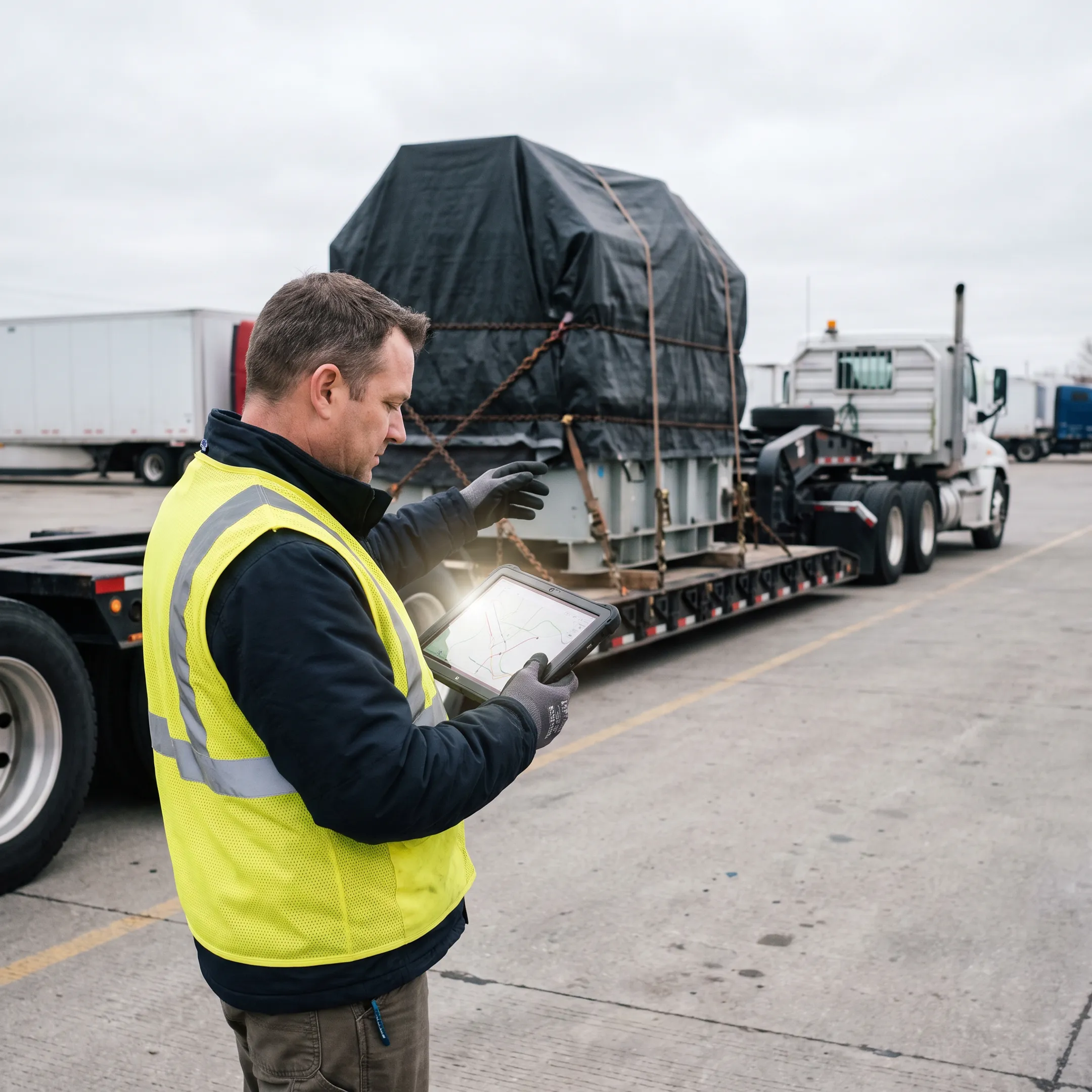 Logistics team planning specialized equipment transport