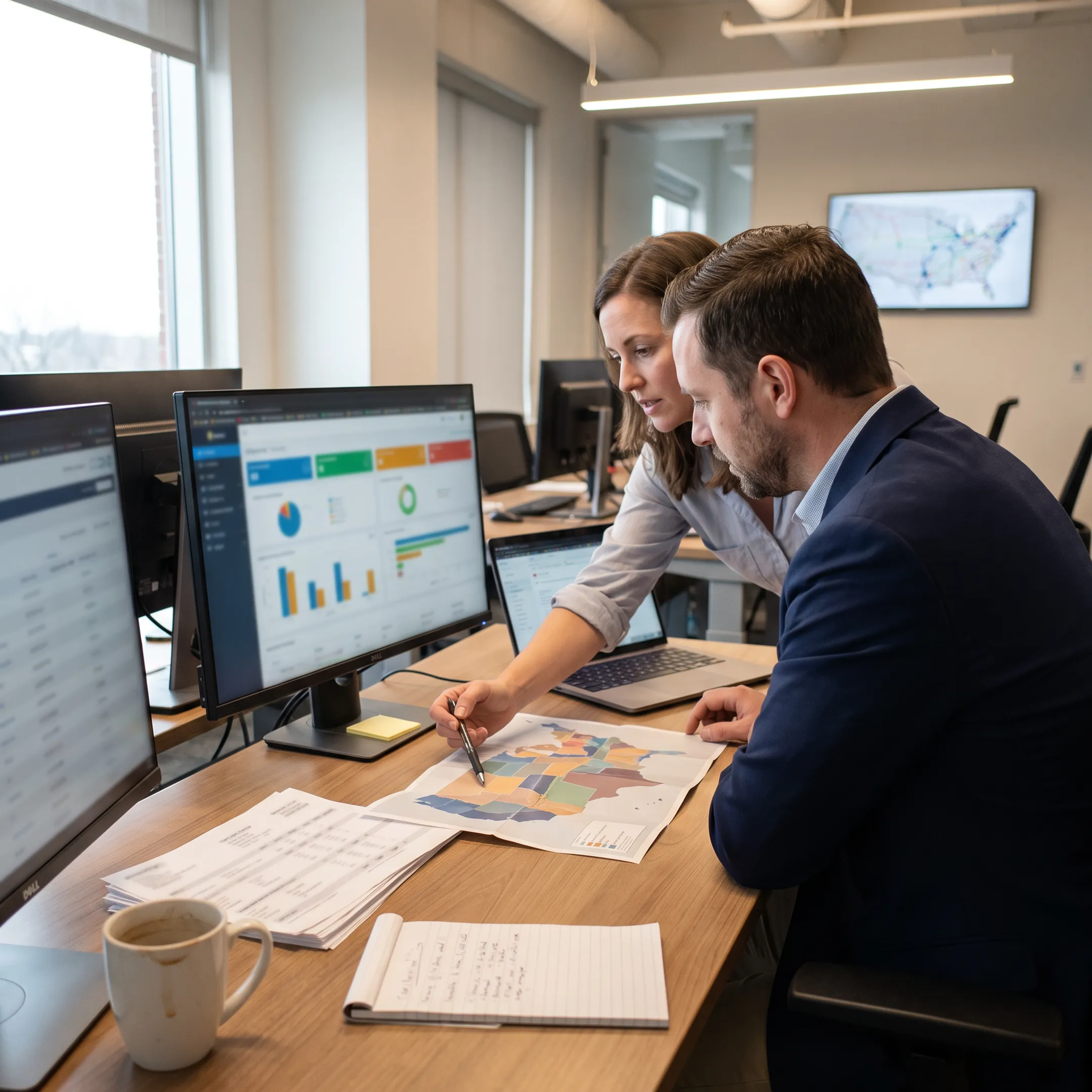 Freight forwarding team planning shipment routes