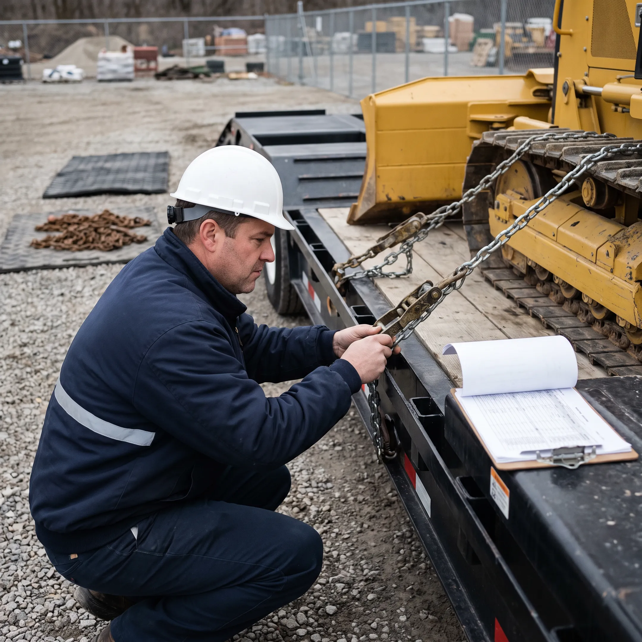 Heavy equipment being secured on a specialized trailer