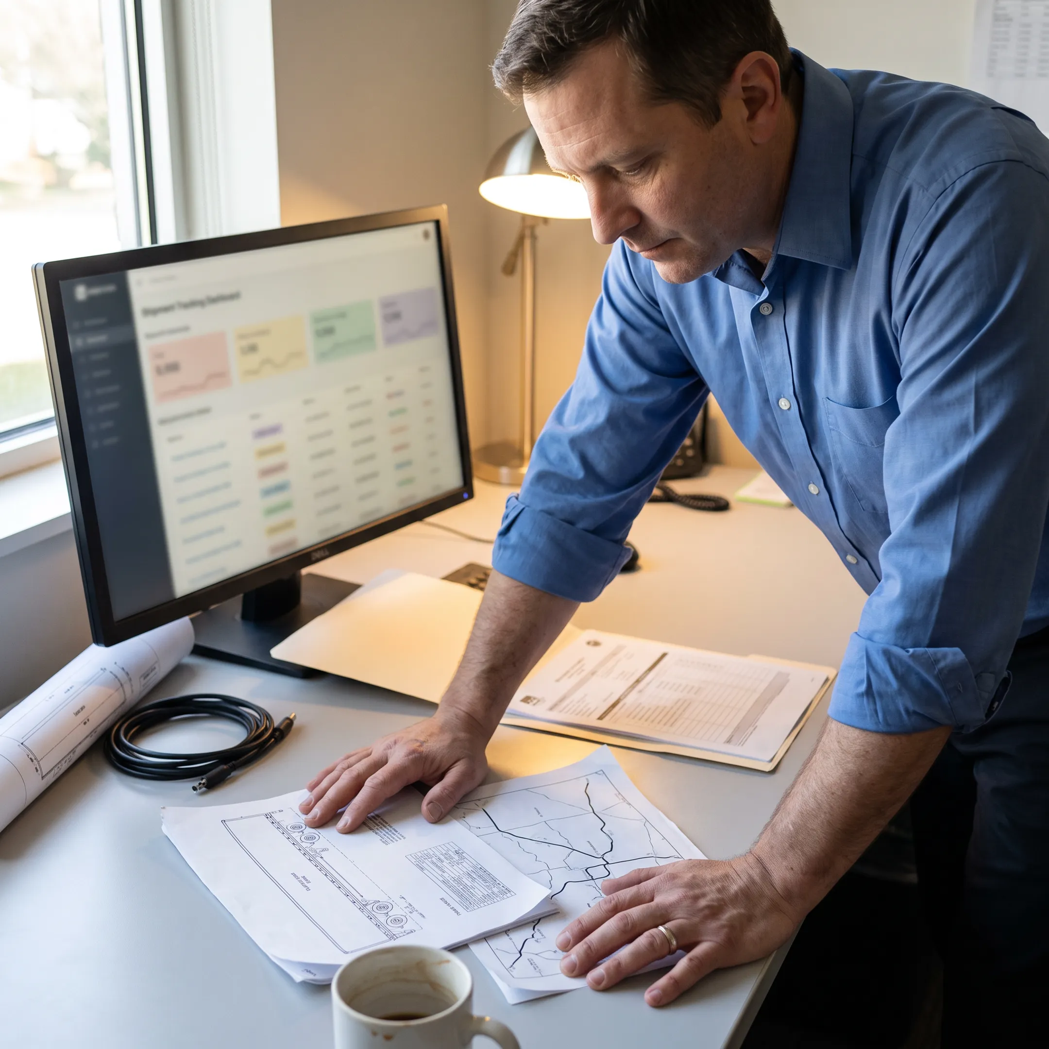 Flatbed freight coordinator planning an open-deck shipment