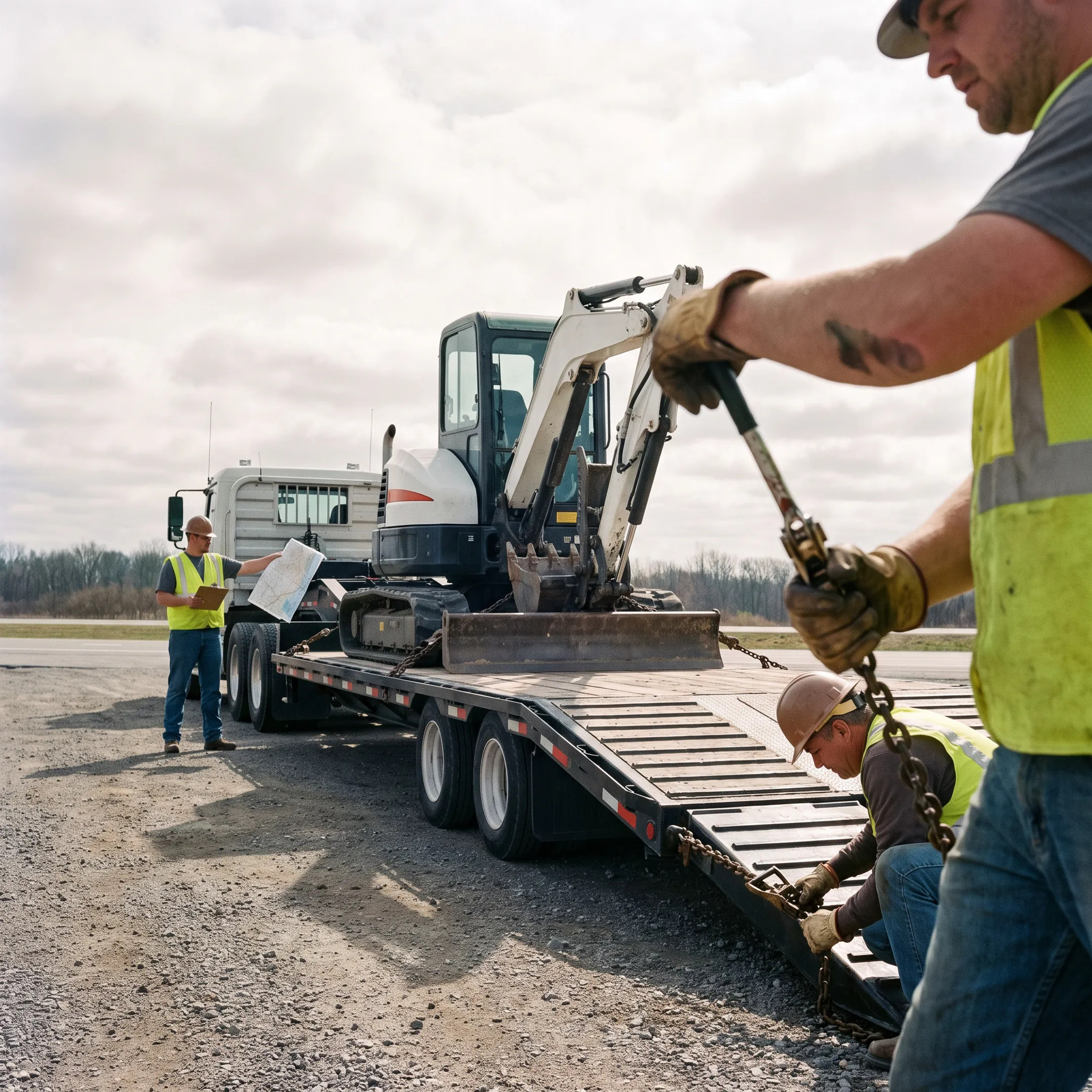 Heavy equipment being loaded onto a lowboy trailer
