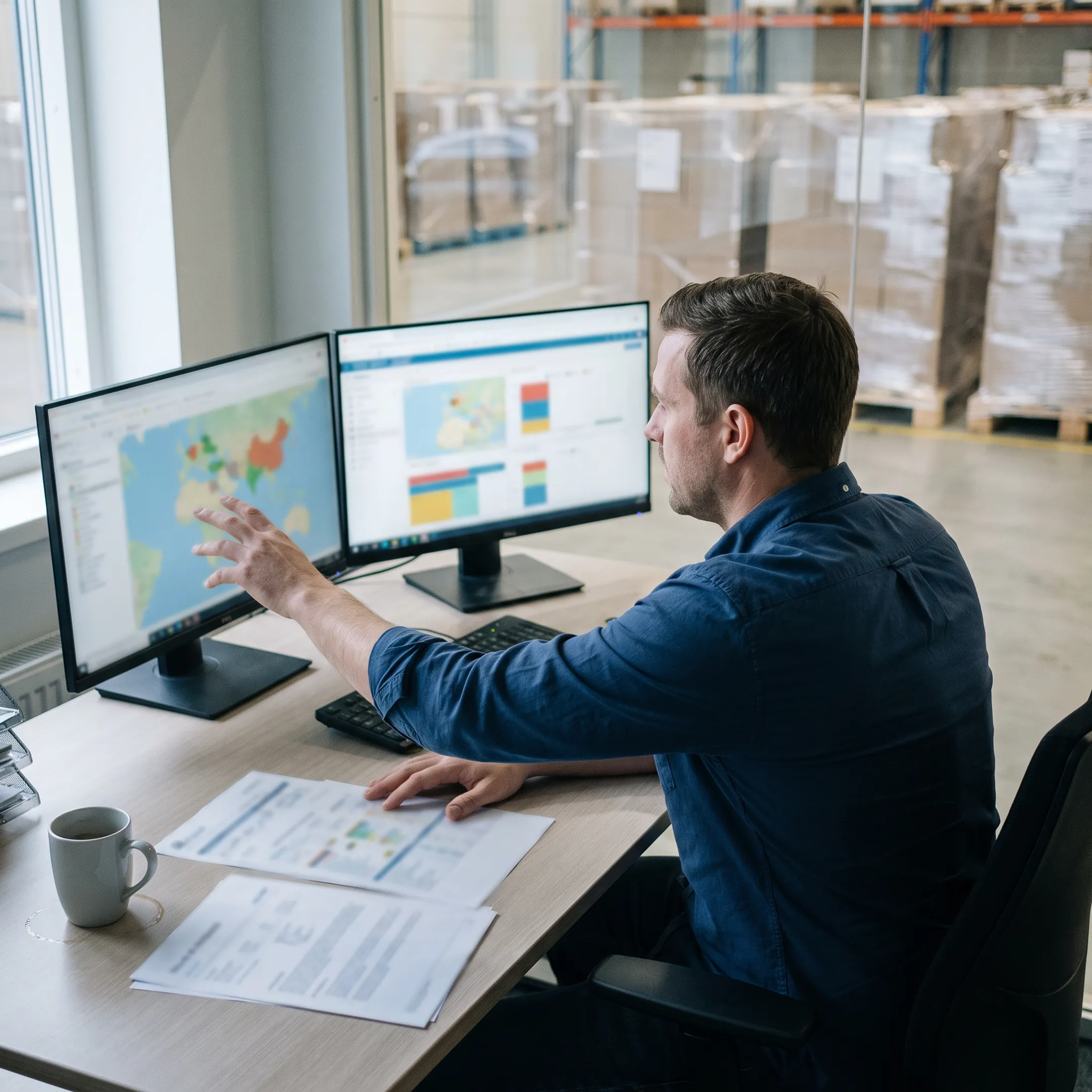 Logistics coordinator tracking pharmaceutical freight