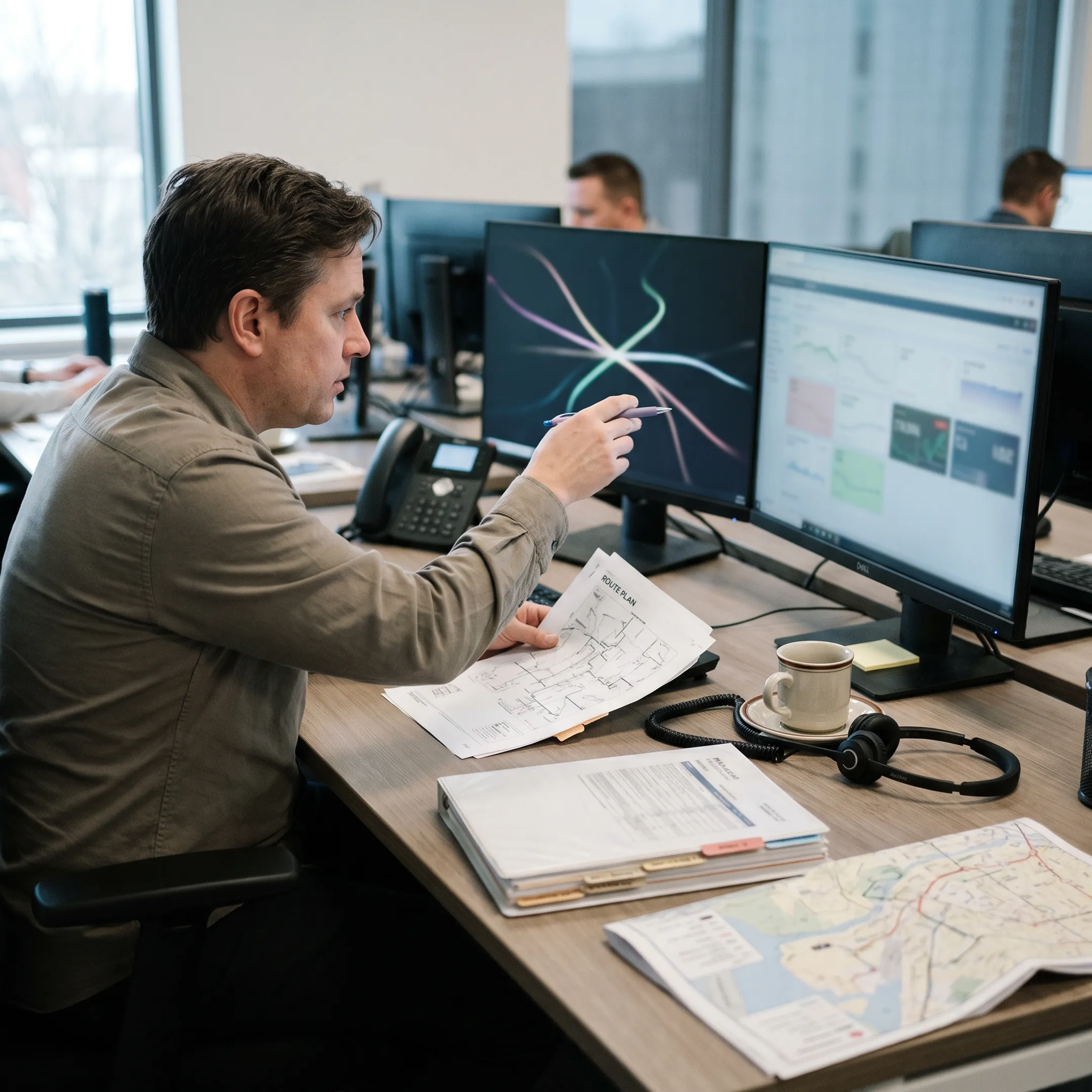 Logistics coordinator planning heavy equipment transport route