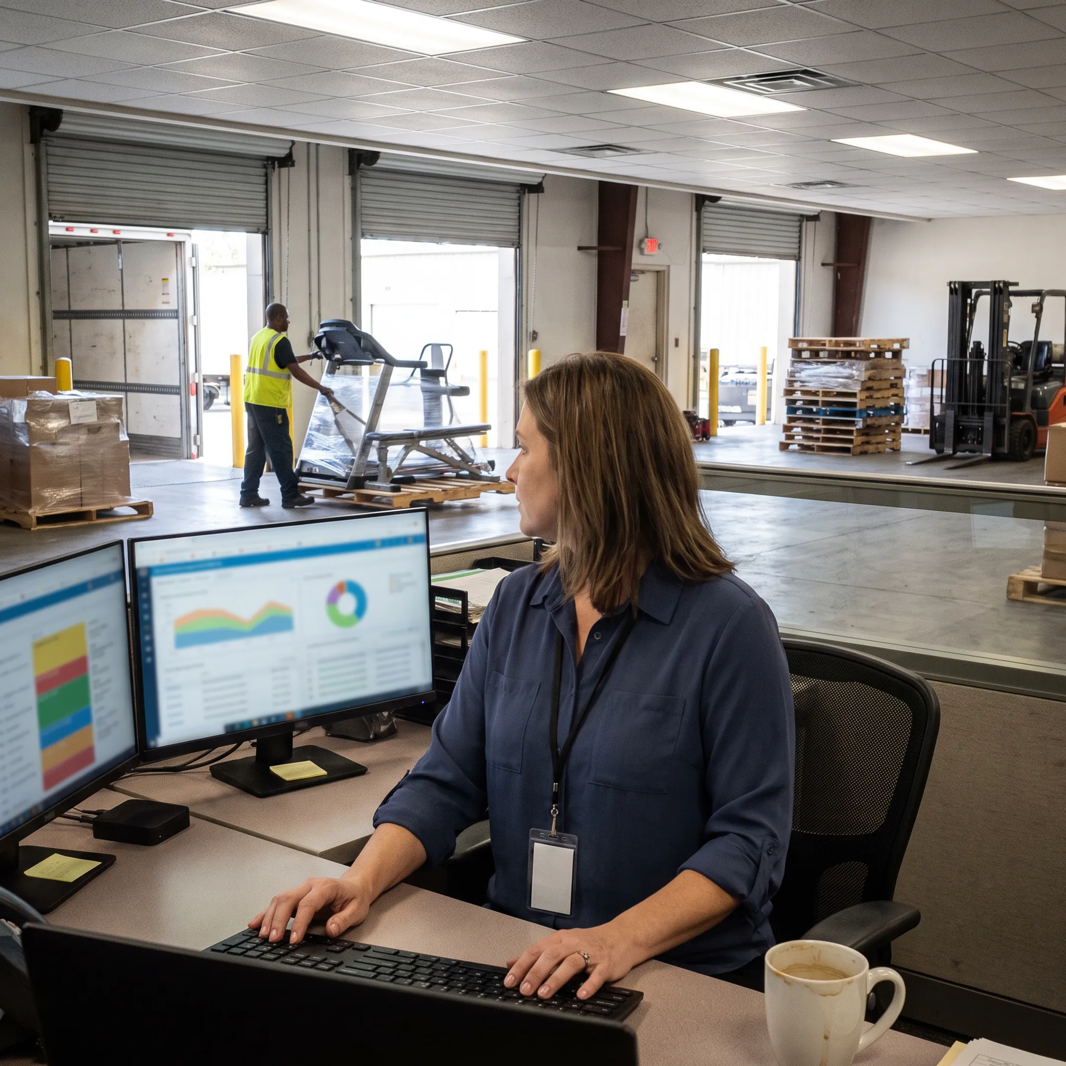 Logistics coordinator tracking exercise equipment shipment
