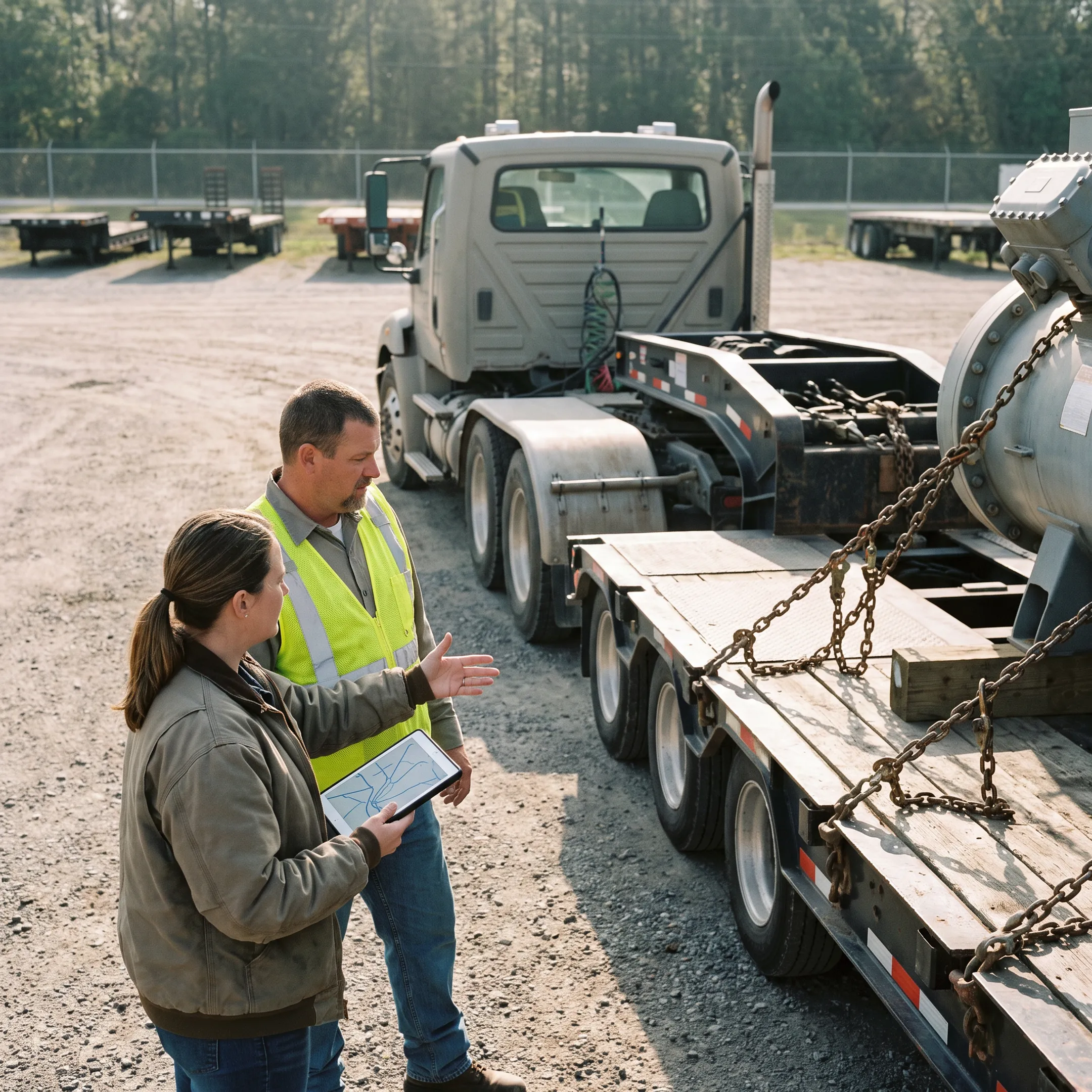 Logistics team planning a heavy equipment transport route