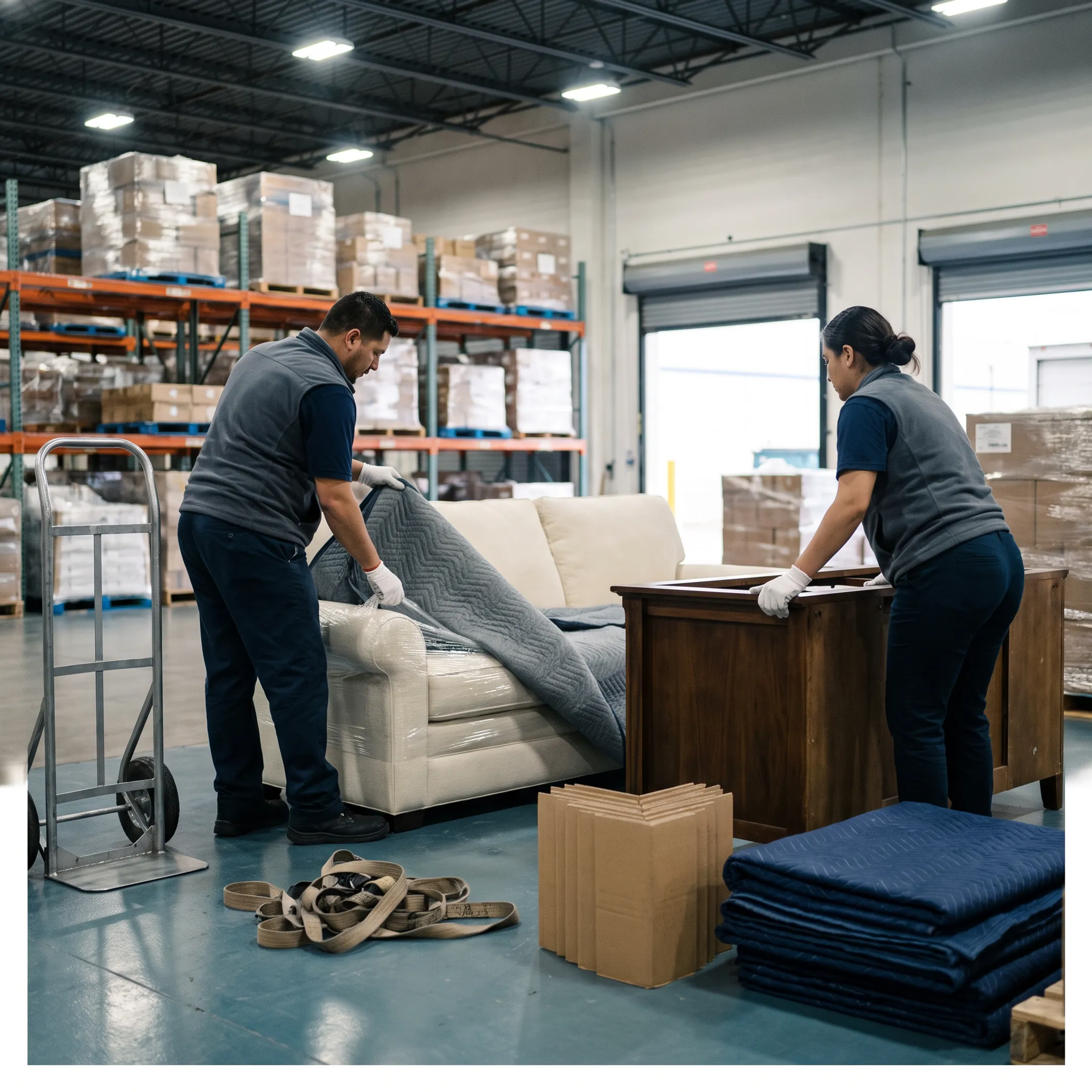 White glove delivery team preparing furniture for inside delivery