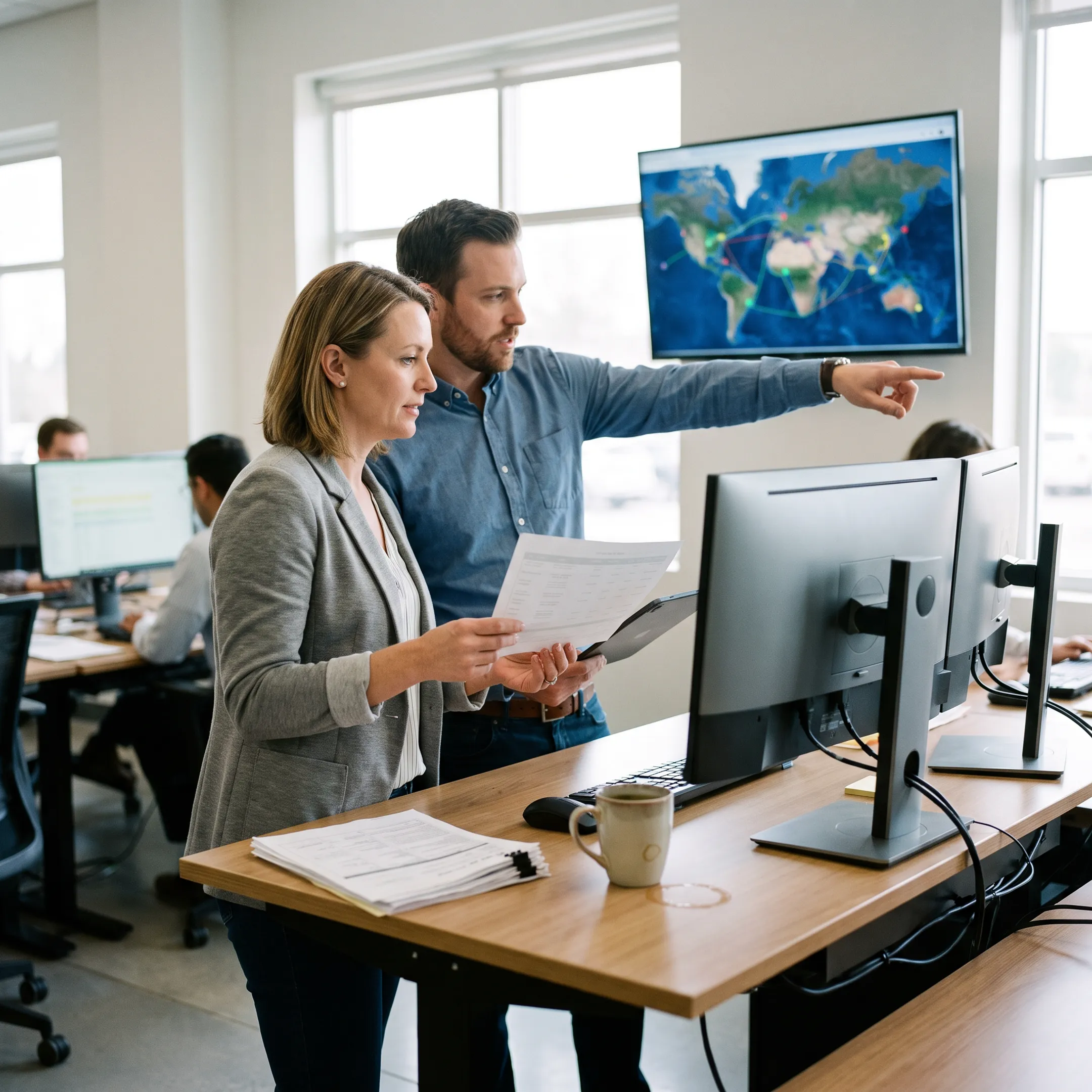 Logistics team planning global project freight shipment