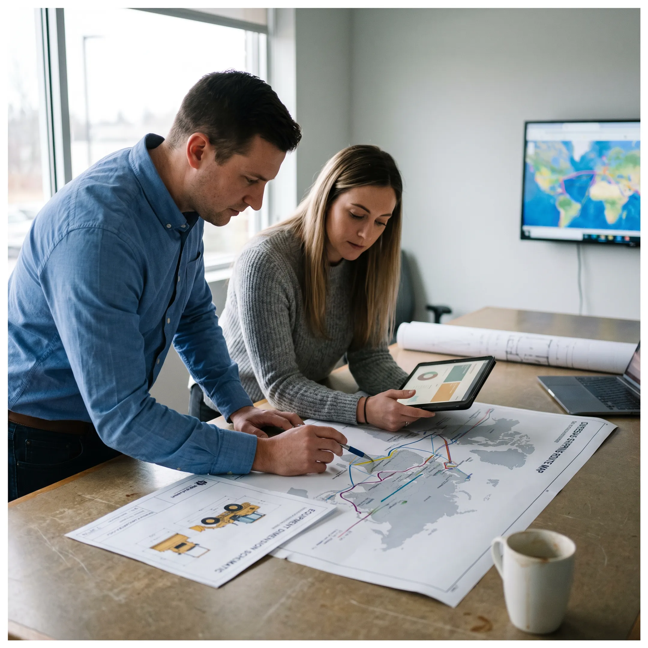 Logistics team planning international heavy equipment transport