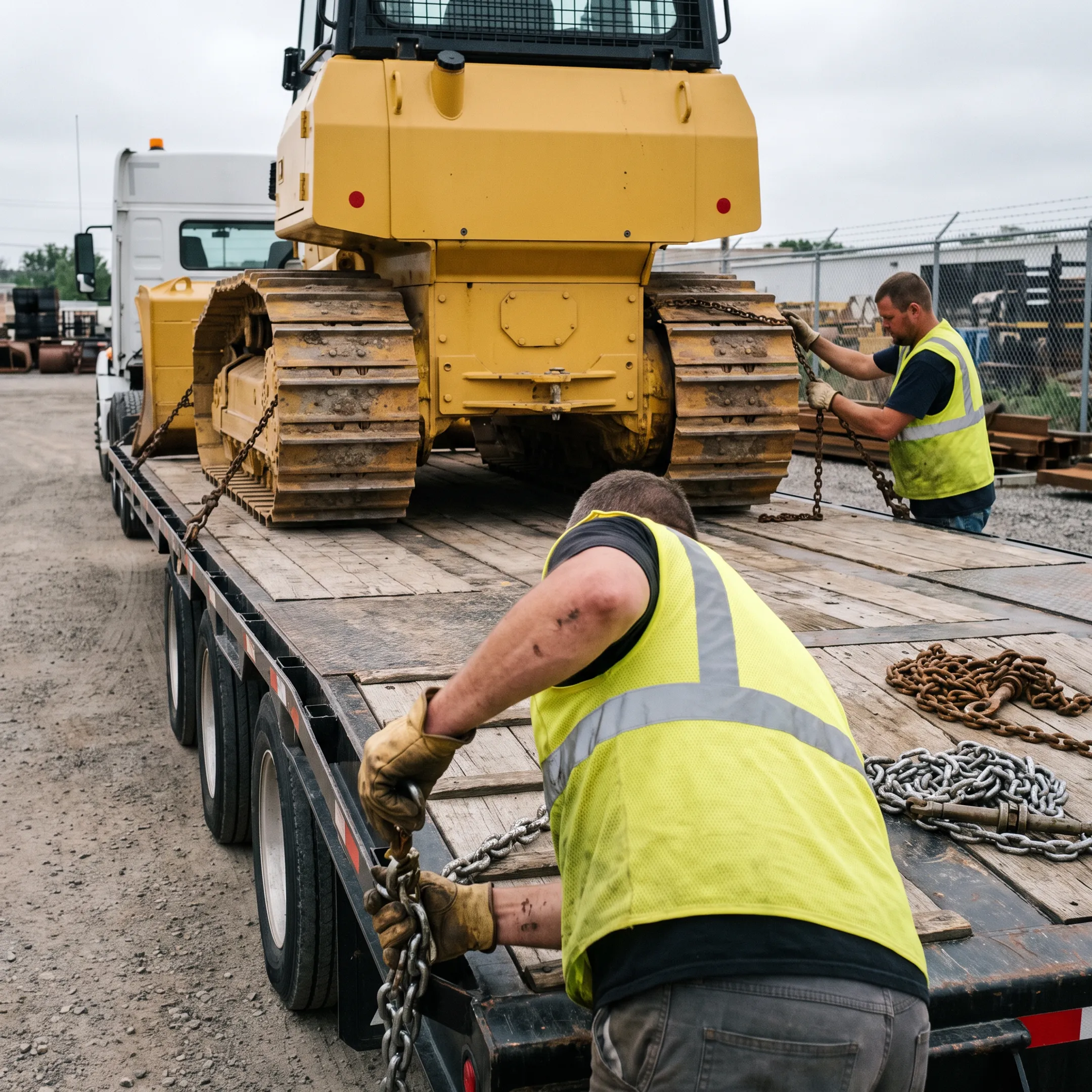 Heavy equipment loaded onto specialized trailer