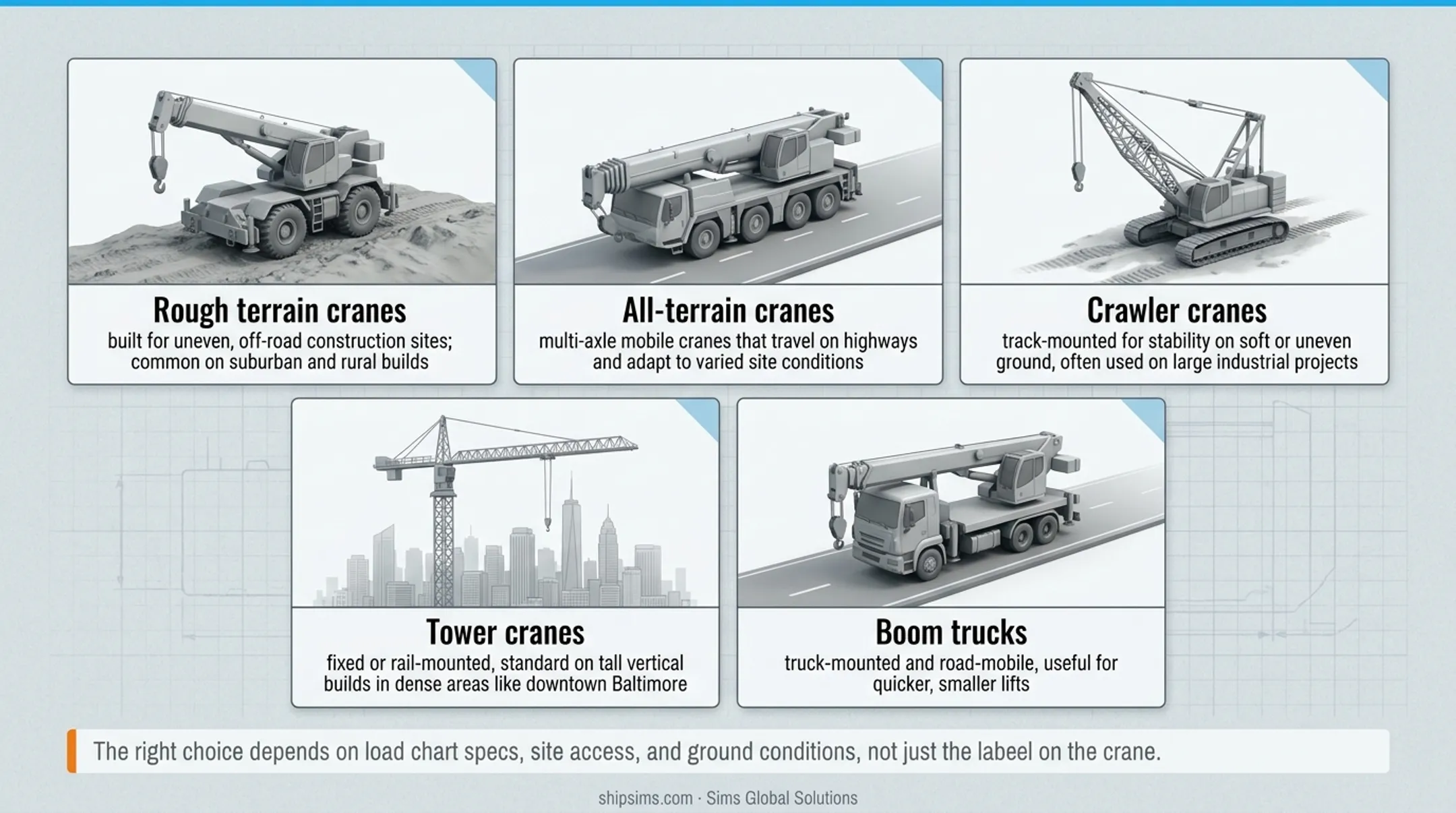 Five common crane types used on Maryland construction sites