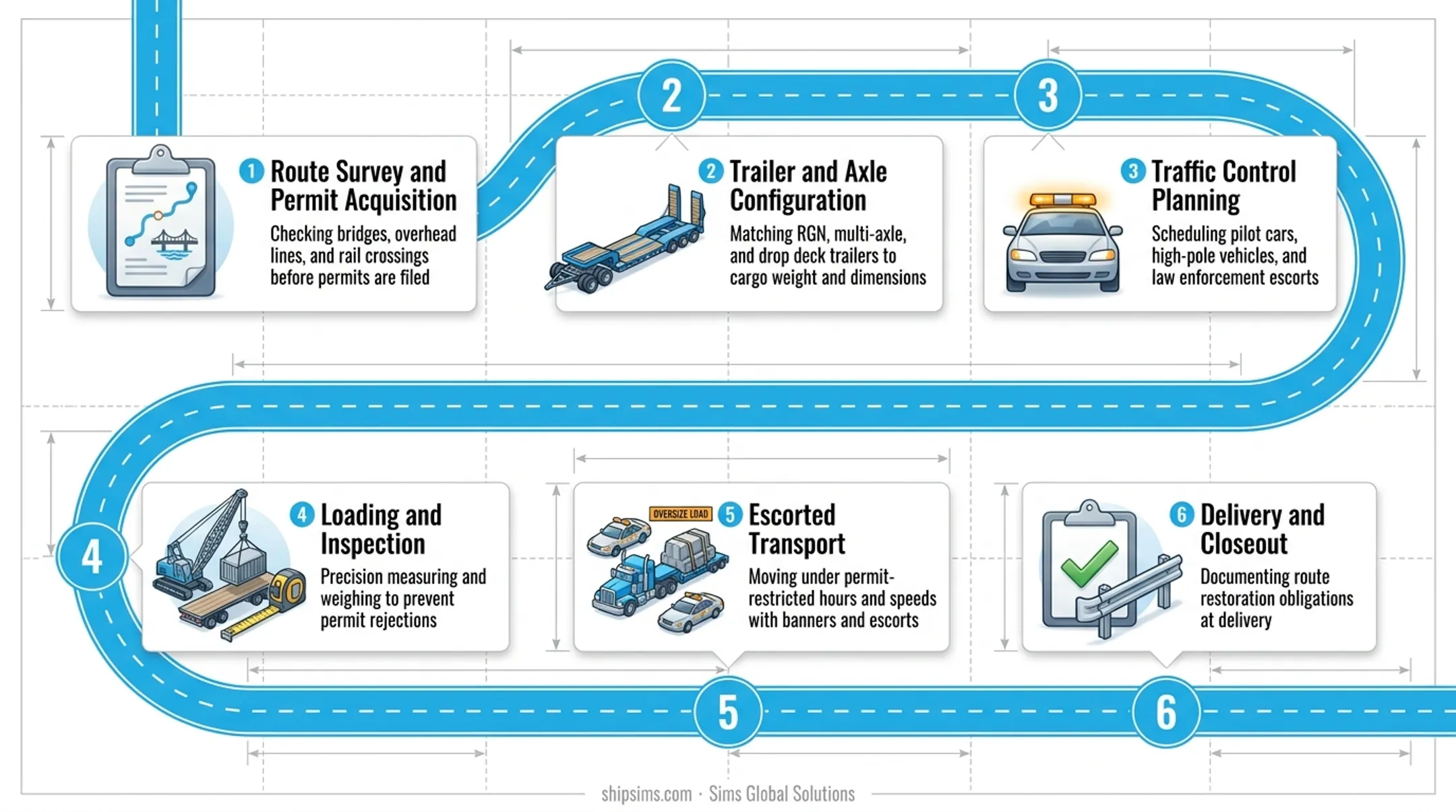 Six-step super load transport process from permit to delivery infographic