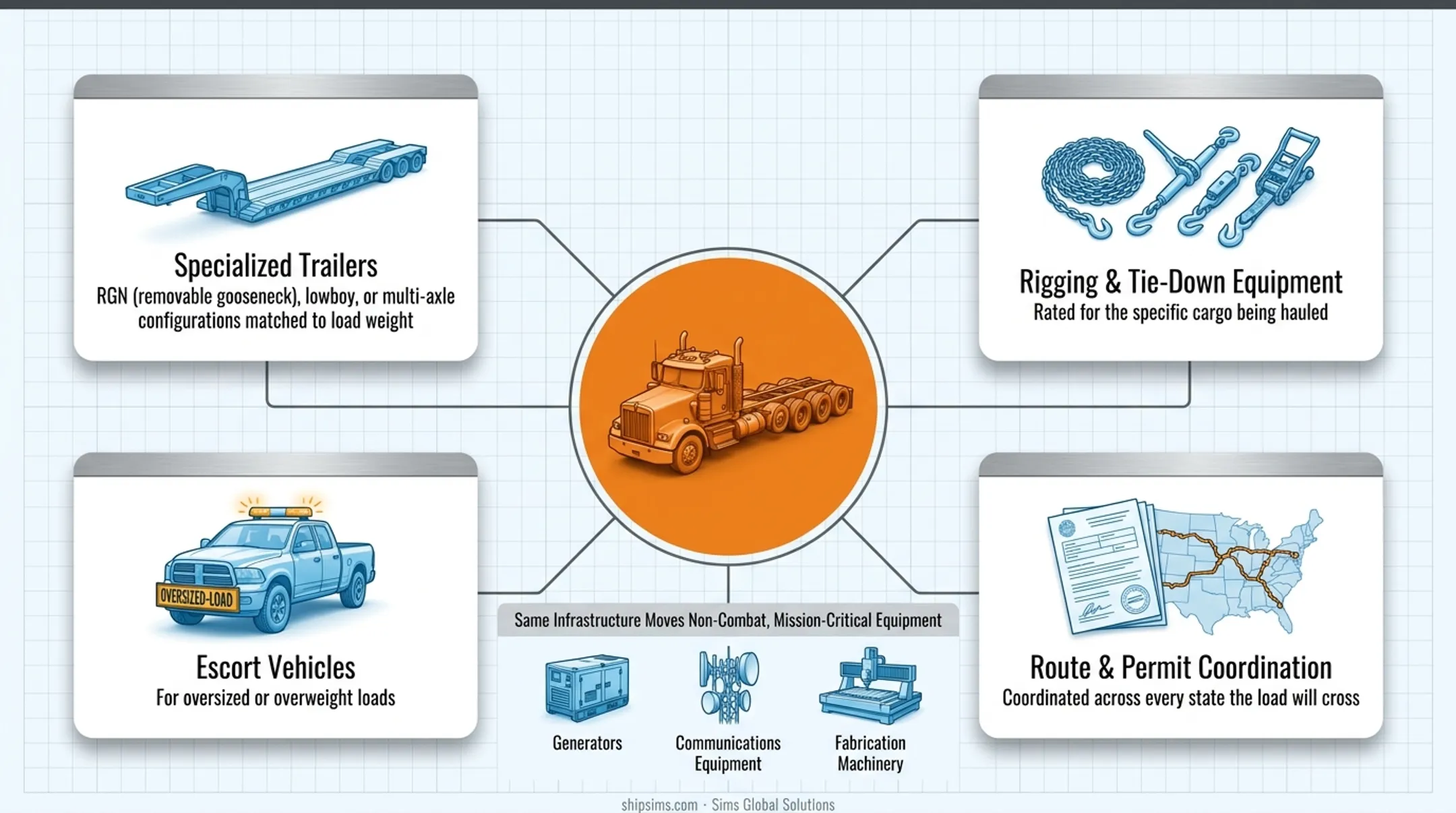 Heavy equipment transport system components including trailers rigging escort vehicles and permits