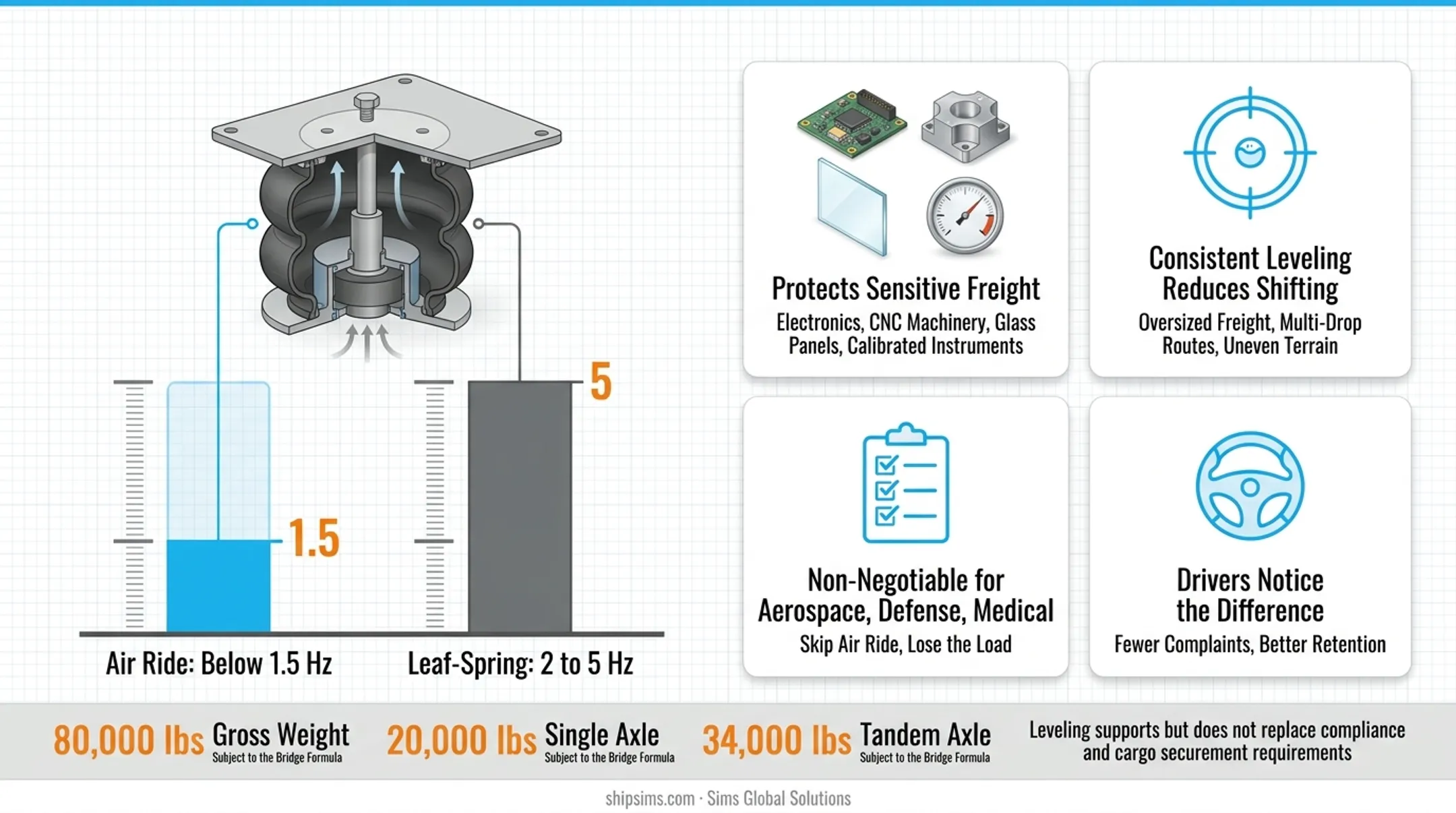 Air ride versus leaf spring vibration frequency comparison chart for freight protection