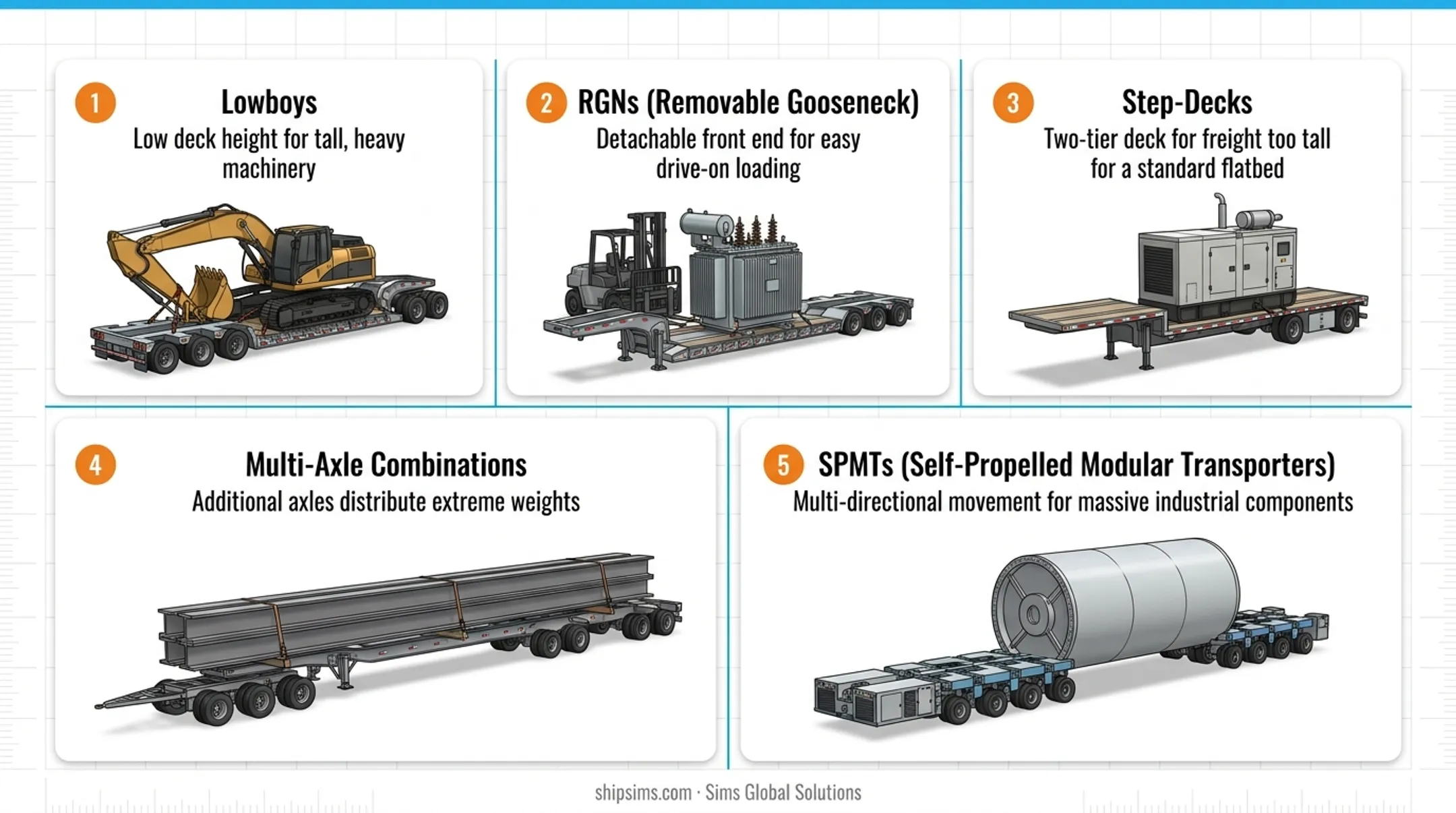 Heavy equipment trailer types comparison lowboy RGN step-deck SPMT multi-axle infographic