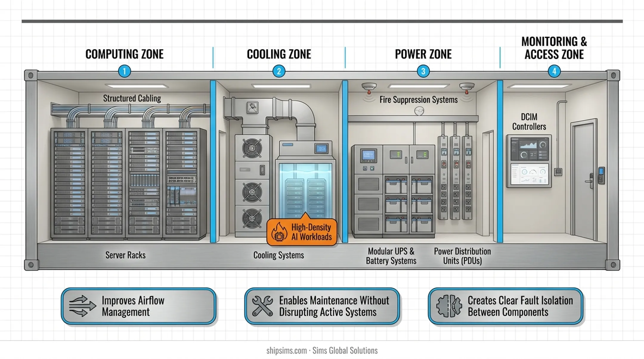 Container data center anatomy diagram showing seven integrated subsystems