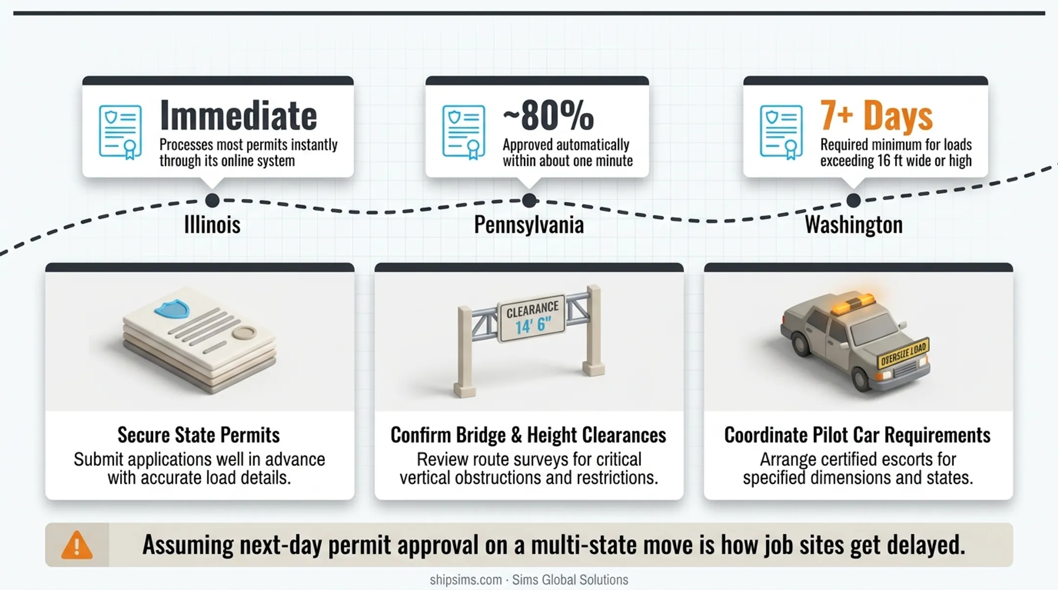 Multi-state oversize permit processing timelines comparison infographic for excavator transport