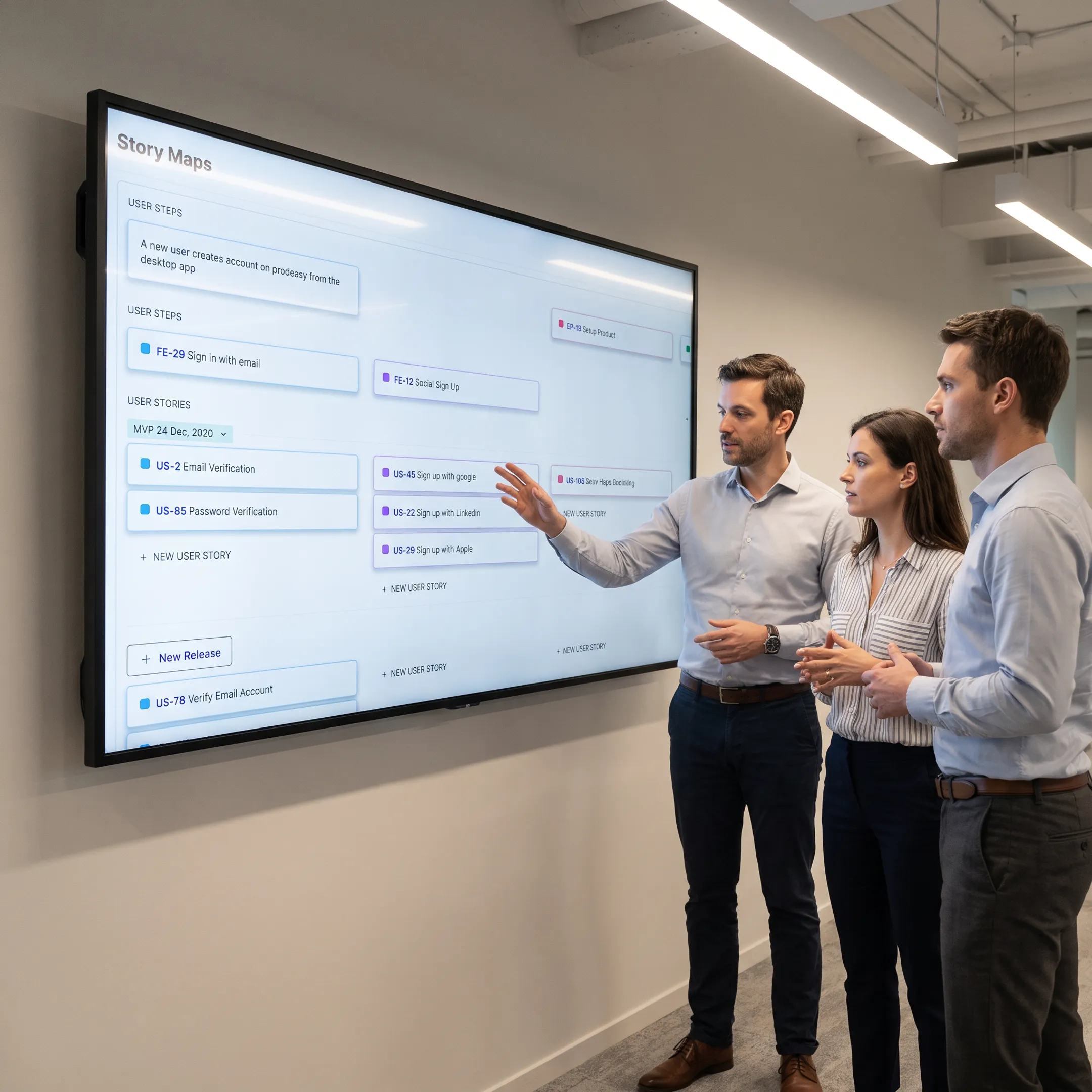 Product team collaborating on a digital user story map