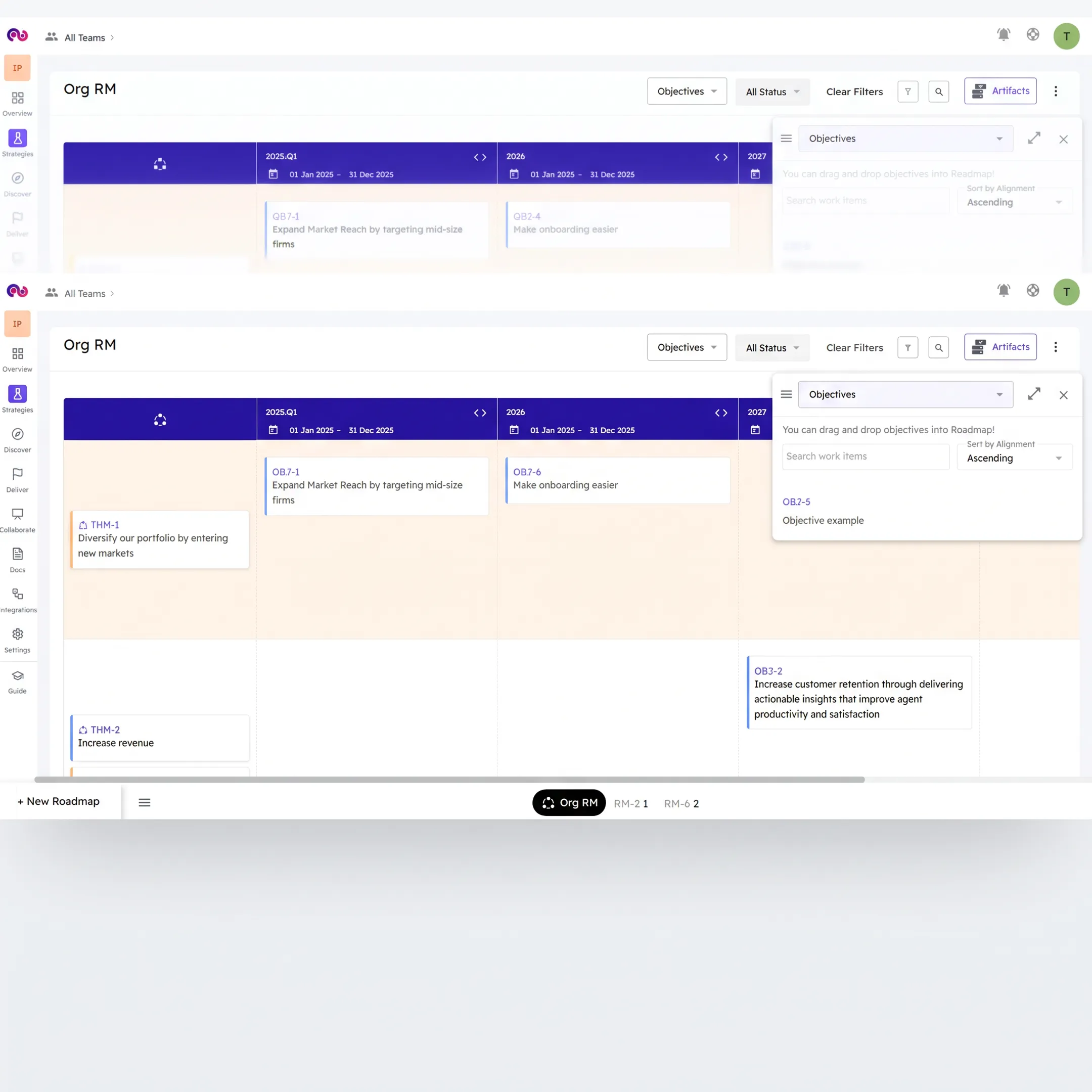 Product manager organizing initiatives on an objective-driven roadmap