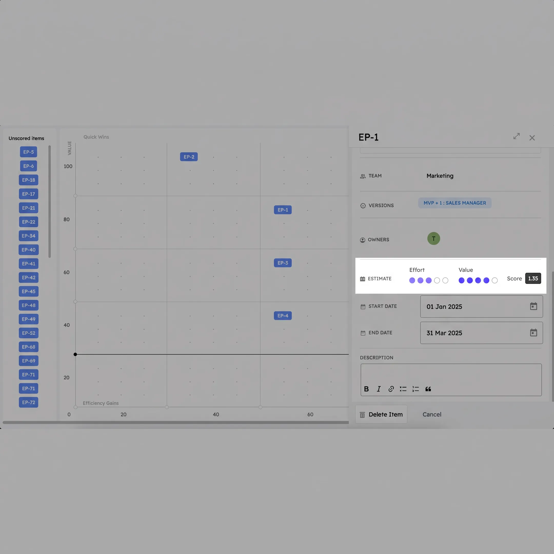 Product manager analyzing initiatives on an effort versus value matrix