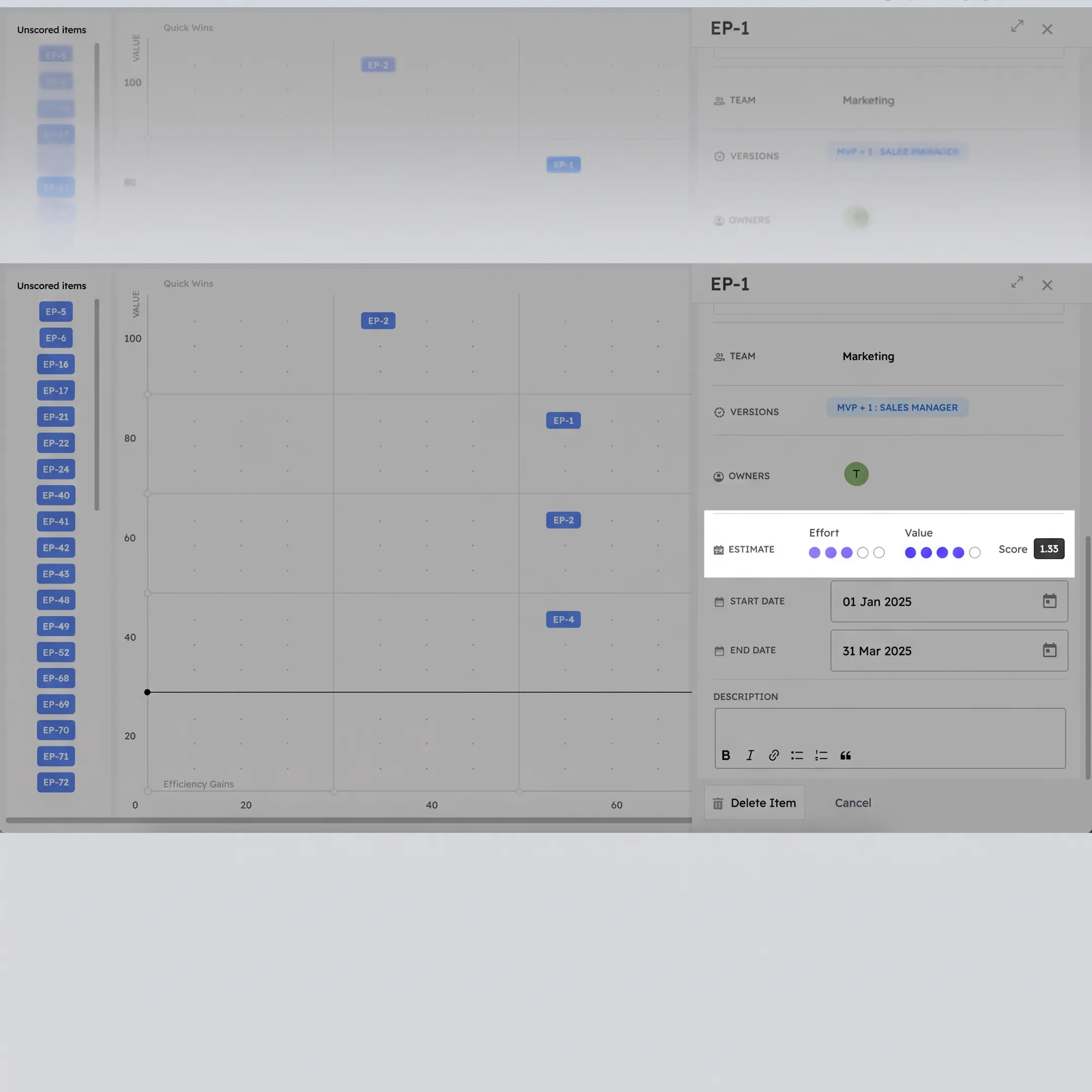 Product team reviewing a 2x2 prioritization matrix on a digital whiteboard