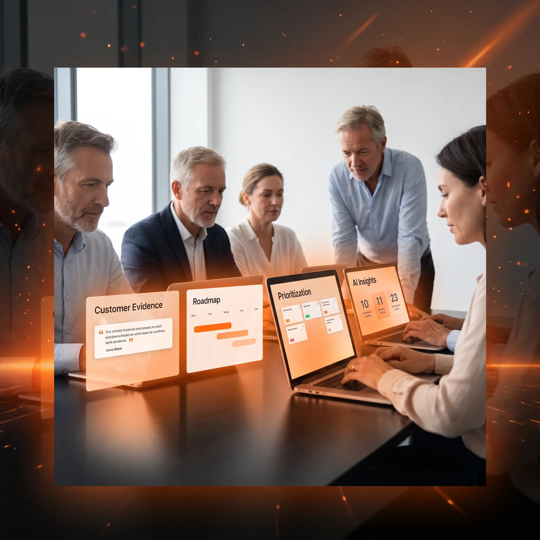 Product team reviewing an evidence-connected roadmap and the decisions recorded against it