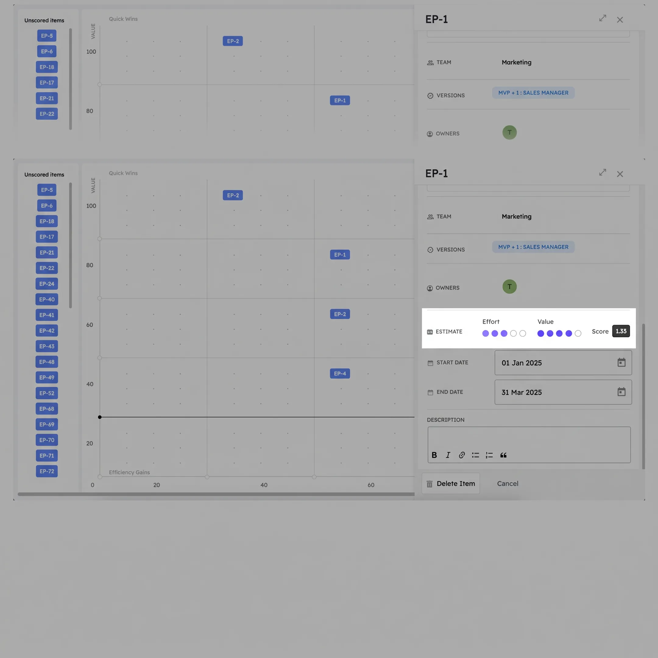 Team analyzing product initiatives in an effort versus value matrix