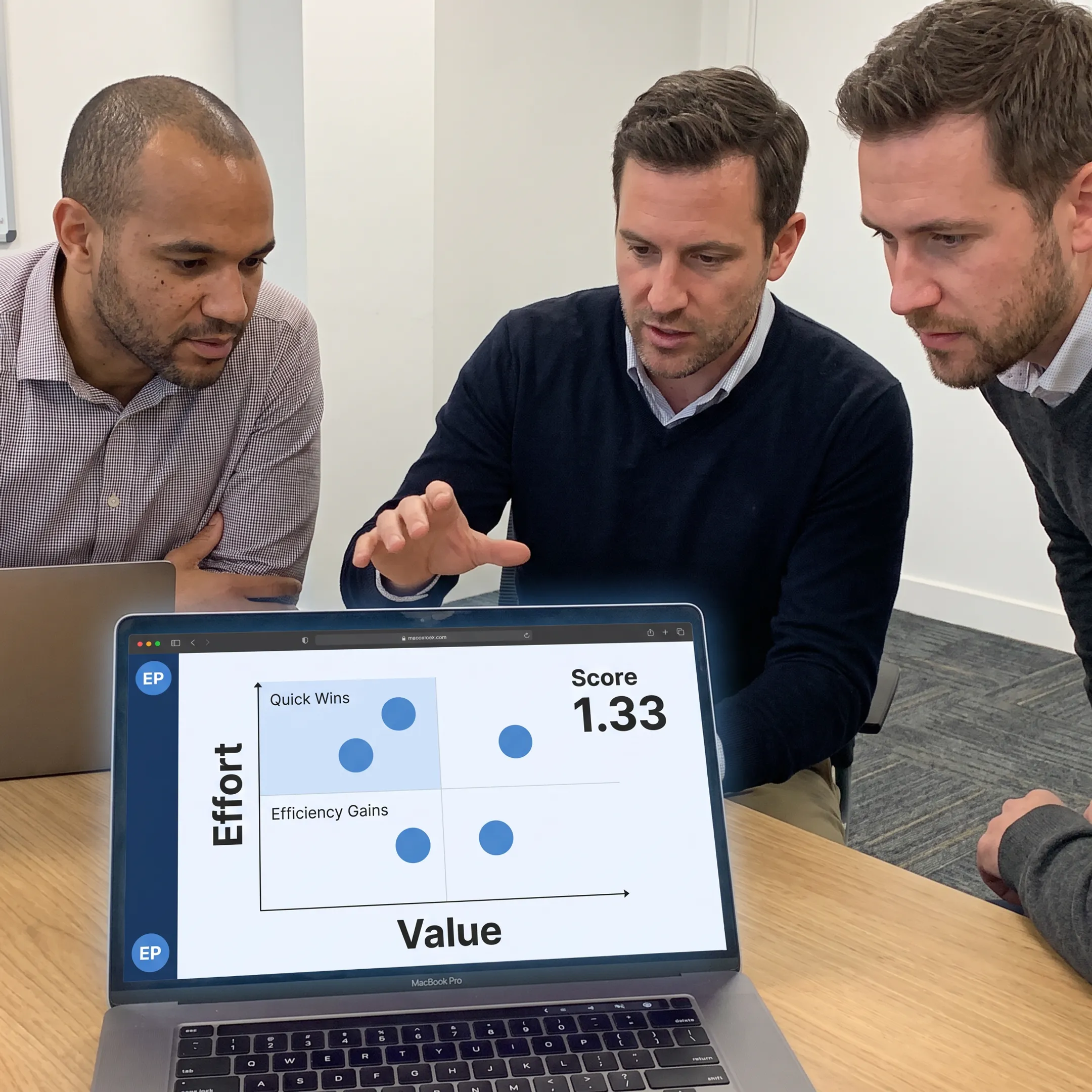 Product team reviewing a collaborative prioritization matrix on a laptop