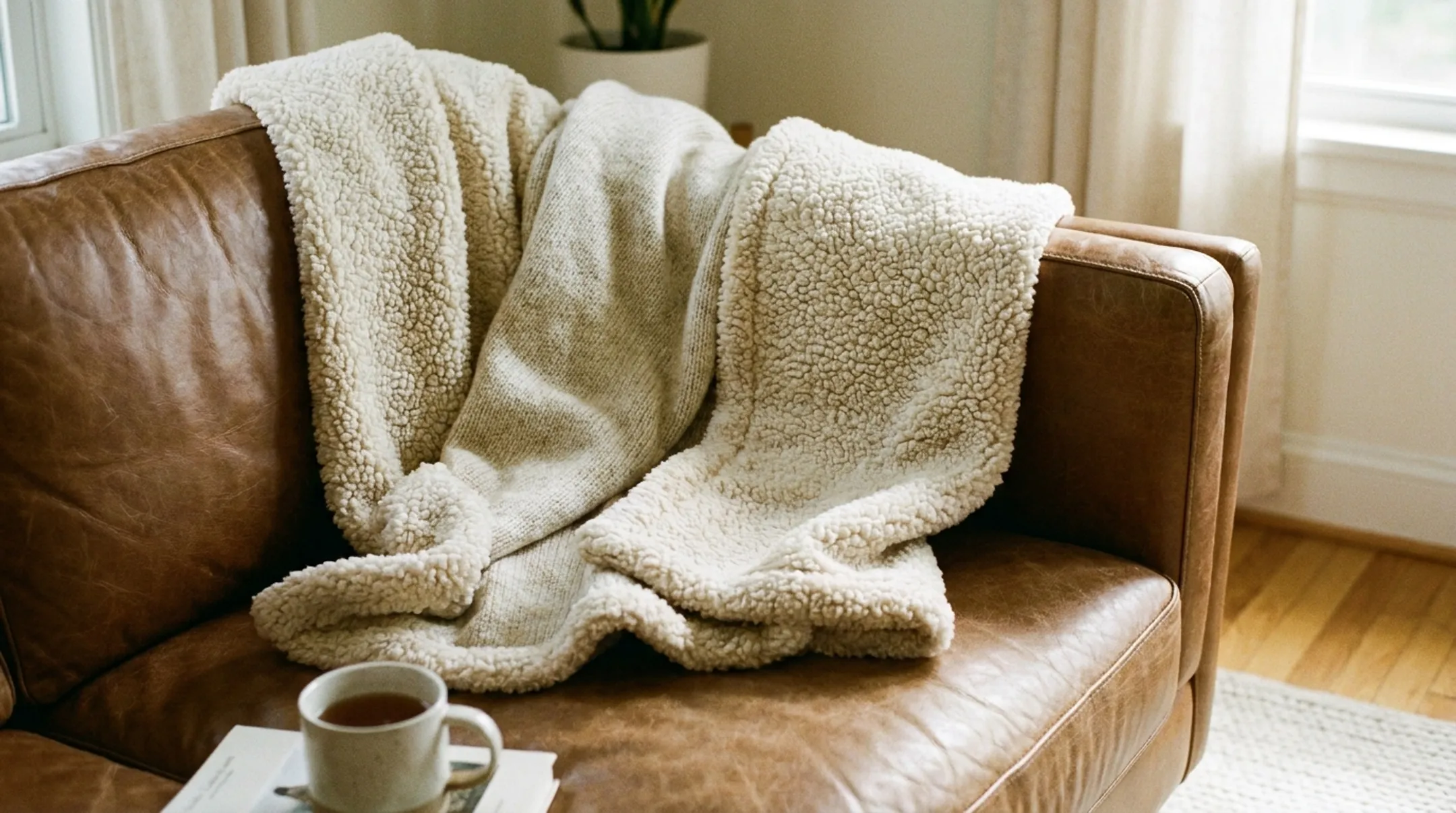 Sherpa-lined throw blanket in standard fifty by sixty inch size