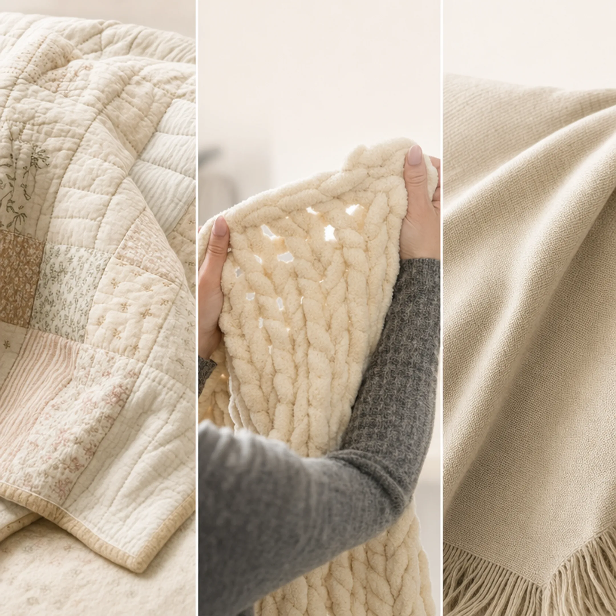 Chunky knit quilted and woven throw blankets texture comparison