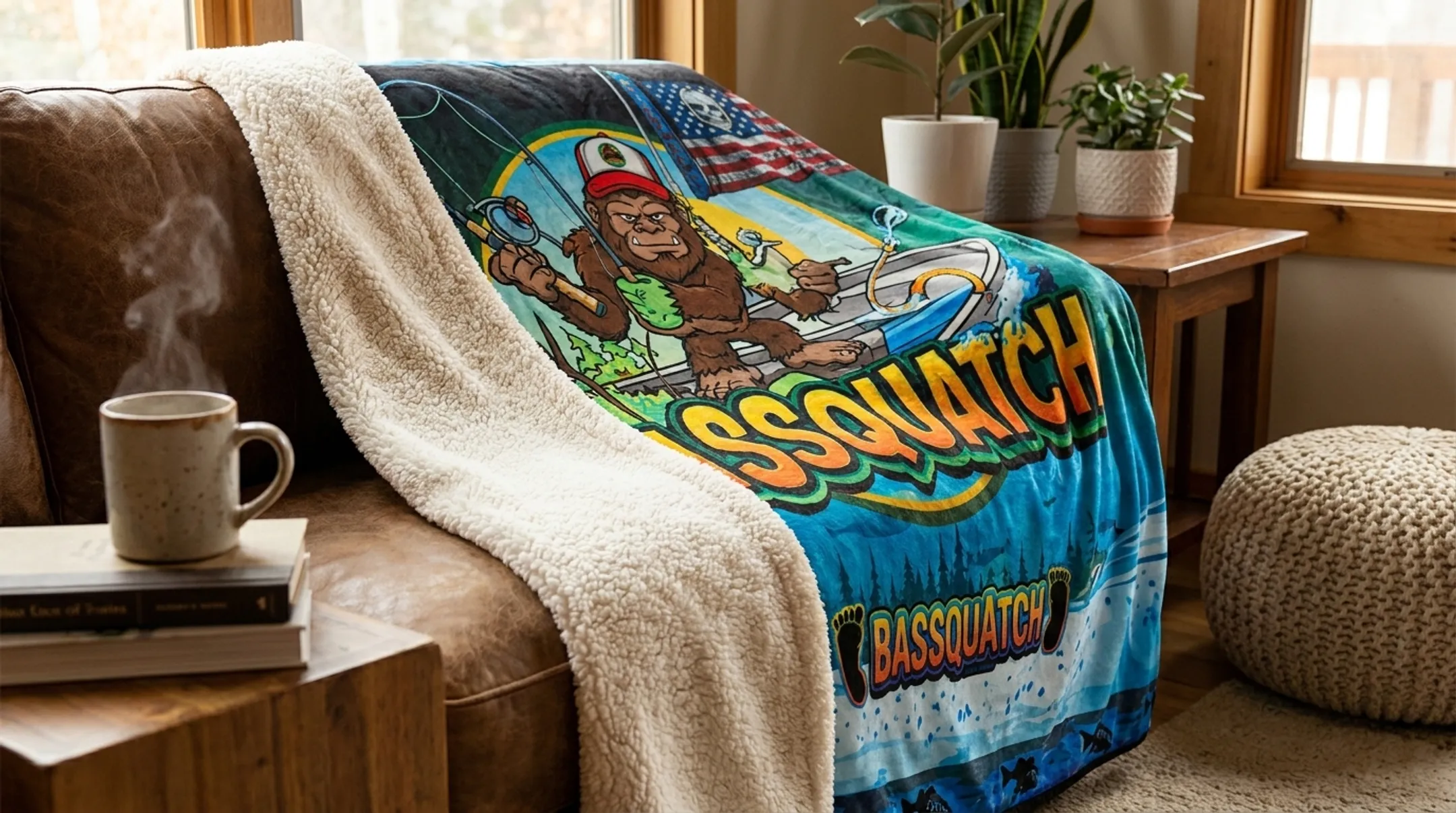 Sasquatch-themed Sherpa throw blanket draped over sofa arm