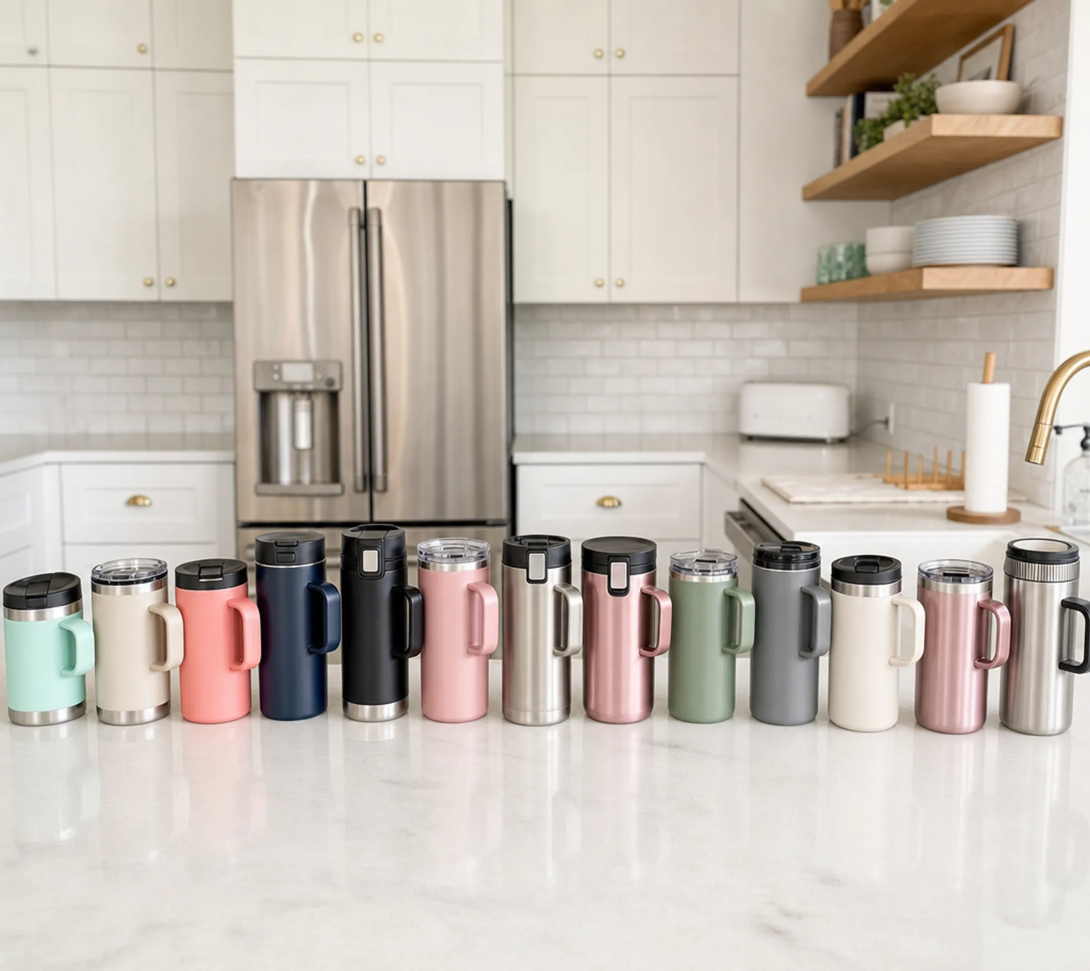 Stainless steel insulated coffee mugs lined up showing various travel lid designs