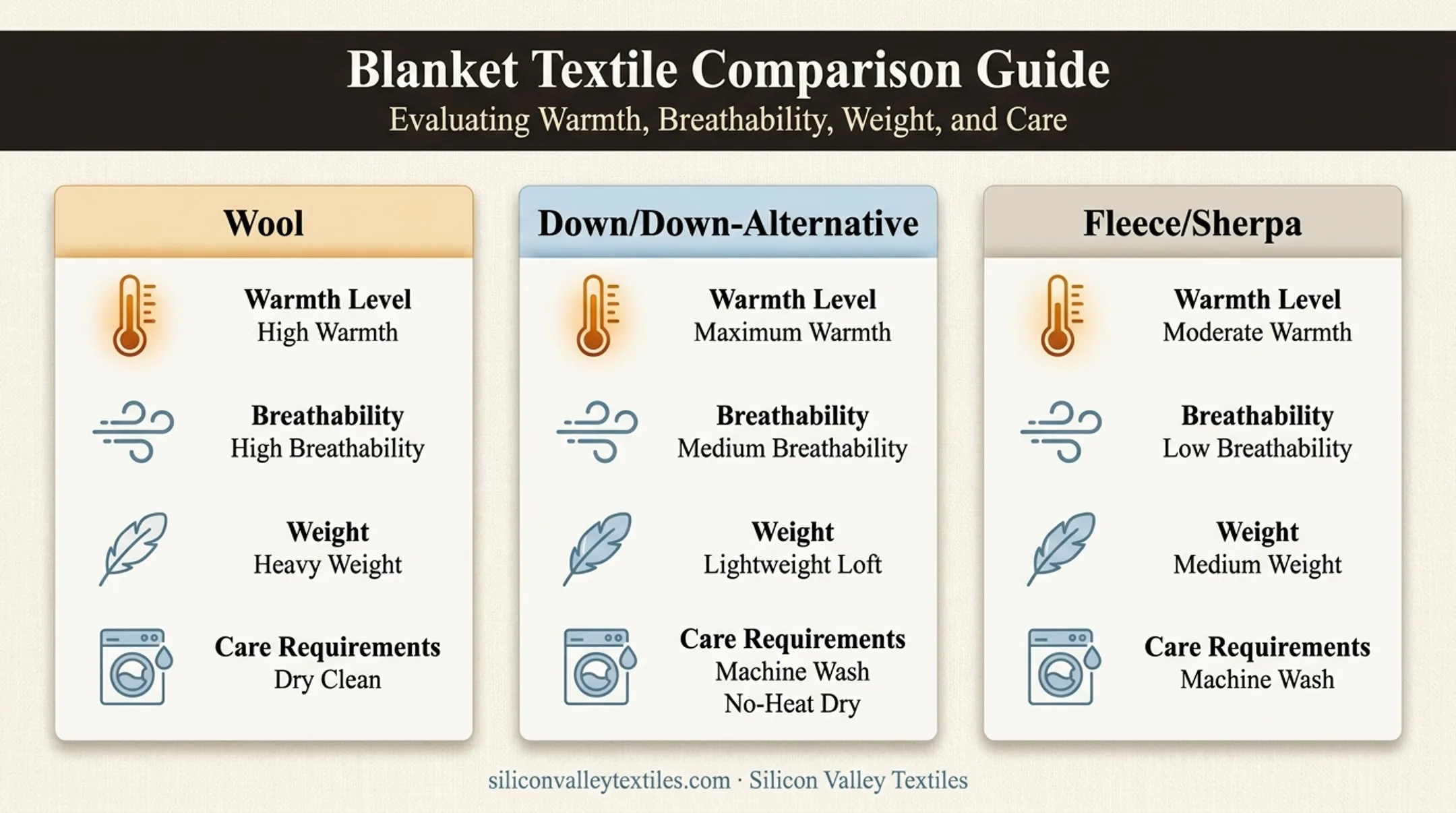Comparison of wool down and fleece blanket warmth breathability and care needs