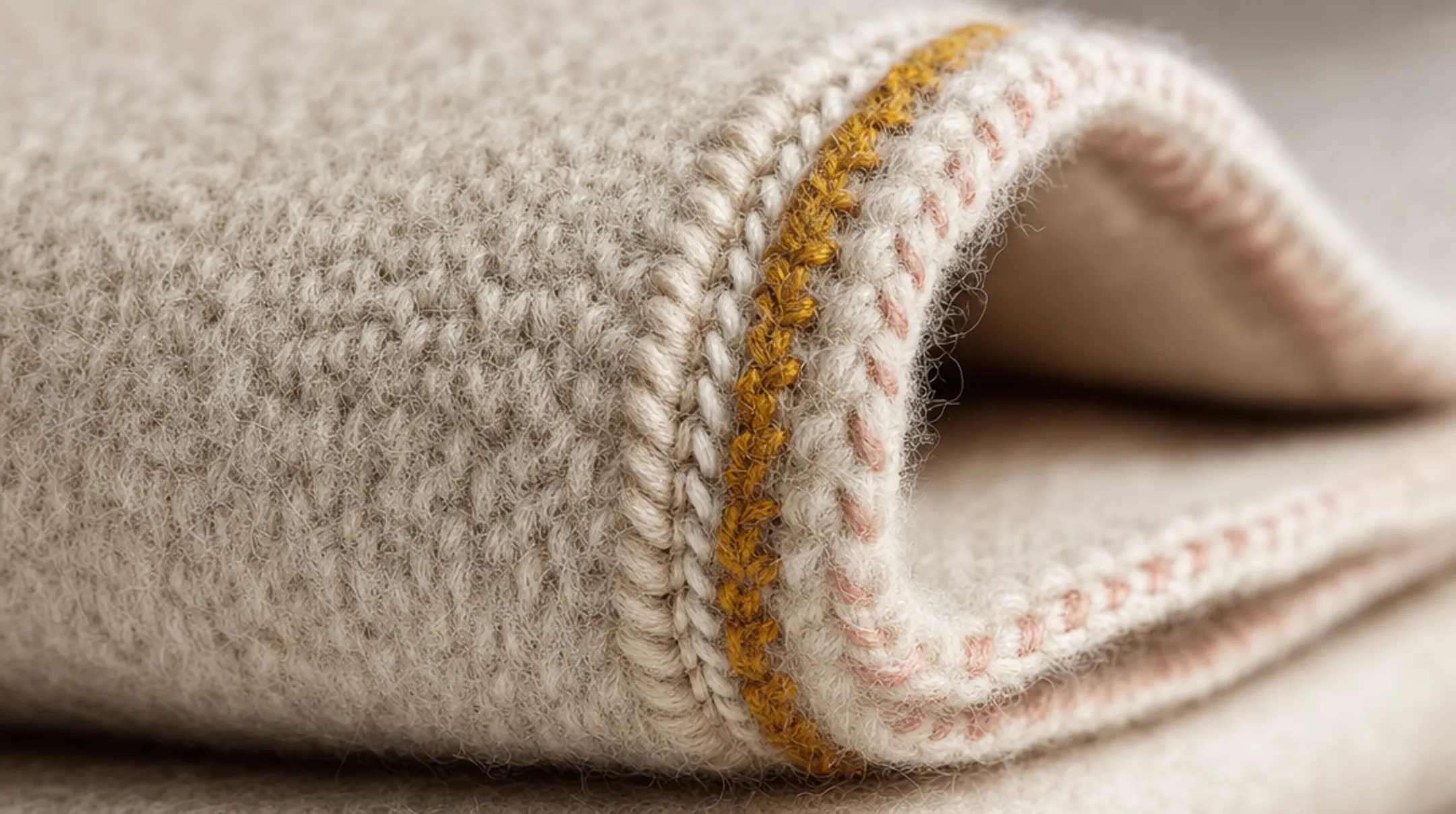 Folded natural wool blanket showing dense breathable fiber weave texture