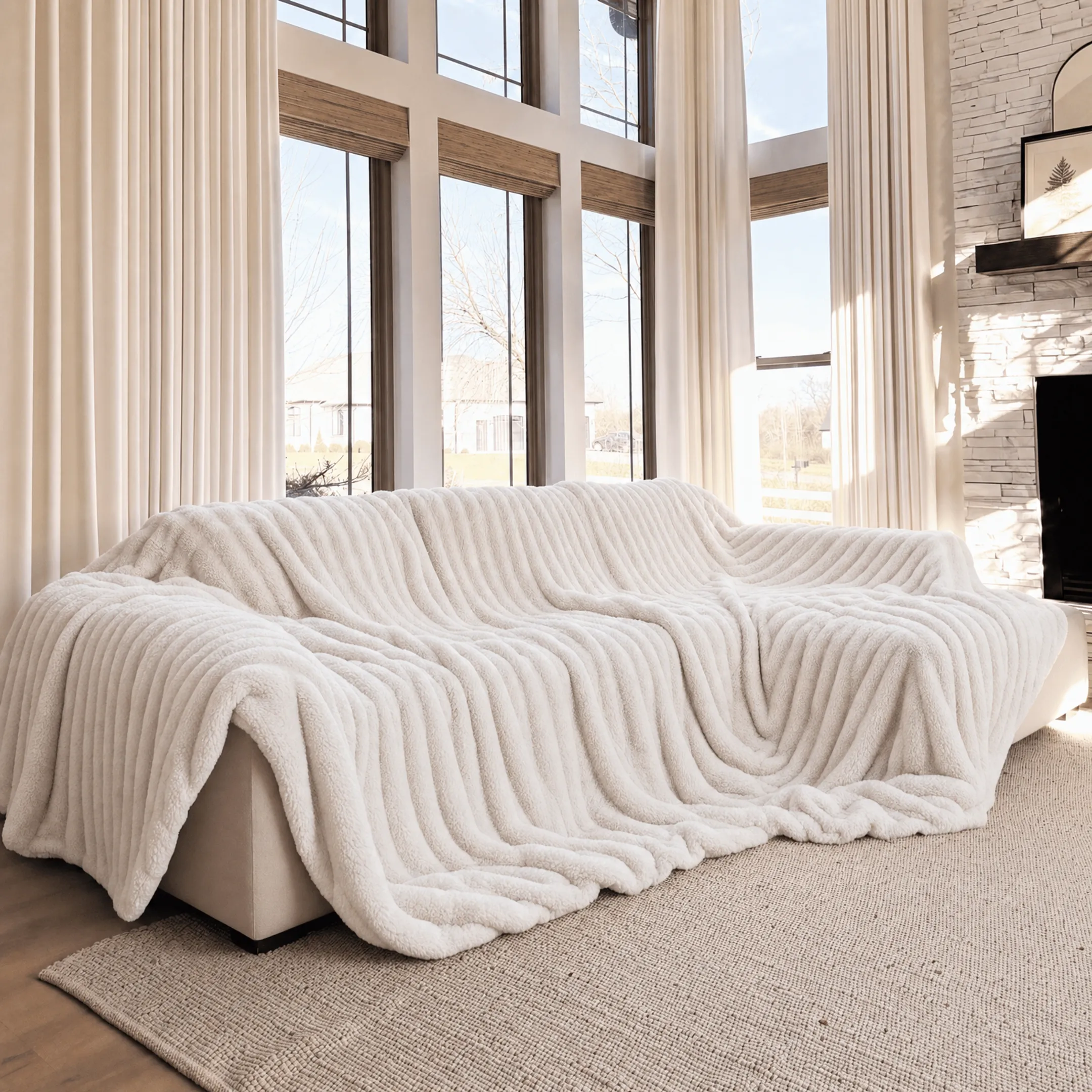 Large stretch fabric blanket draped over full-size couch