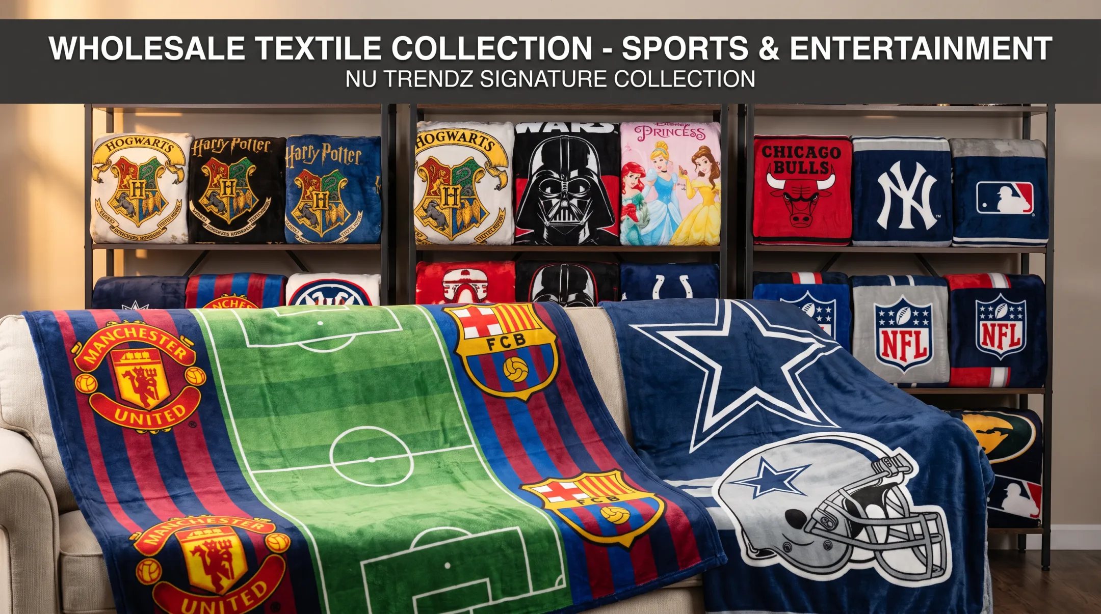 Assortment of licensed sports and novelty textile blankets on display